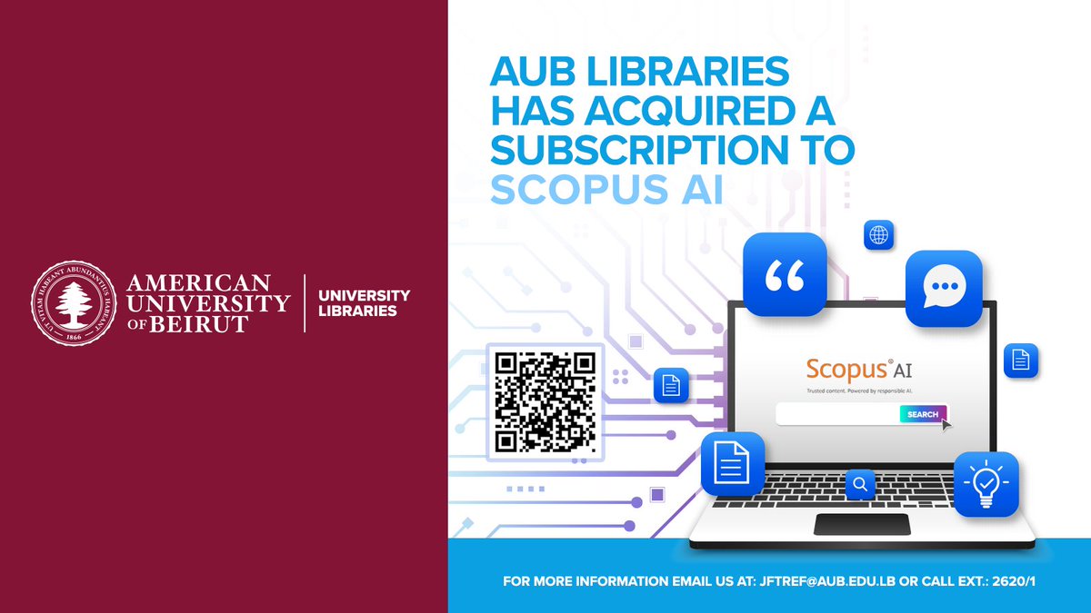 AUBLibraries's tweet photo. 🚀 Exciting news from #AUBLibraries: Scopus AI is here!
🔎 Trusted research, AI-powered insights, and expert recommendations—all in one tool.
Explore now: https://t.co/MTBRd4sC0a
#ScopusAI
@AUB_Lebanon https://t.co/6l9TURaH2T