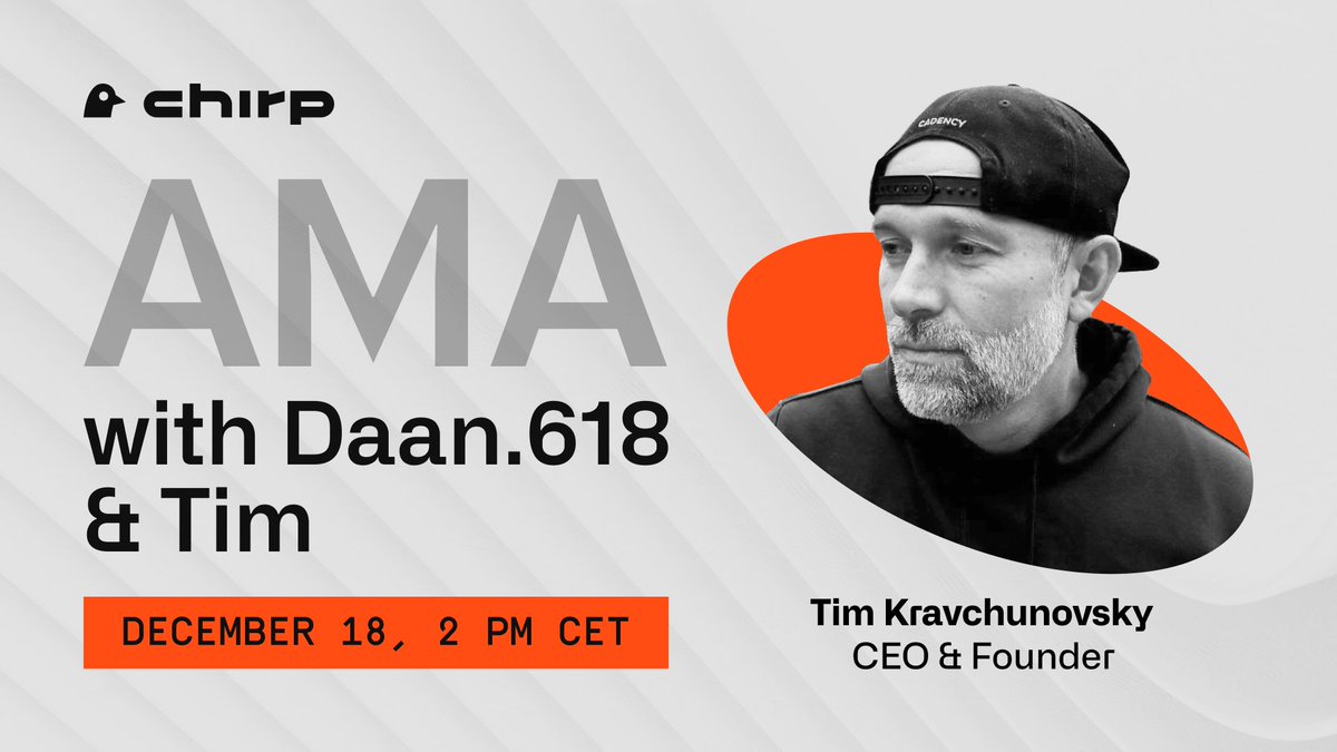 Daan618crypto's tweet image. 🚨AMA ALERT🚨

Daan (@Daan618crypto)  is meeting  Tim ( @tim_krav_  , founder of @ChirpDeWi ) in a Telegram AMA!

$Chirp token is launching soon and for me it is one of the most anticipated launches of 2024/2025.
On Wednesday 18th of december at 14.00 o'clock (CET) you will have…