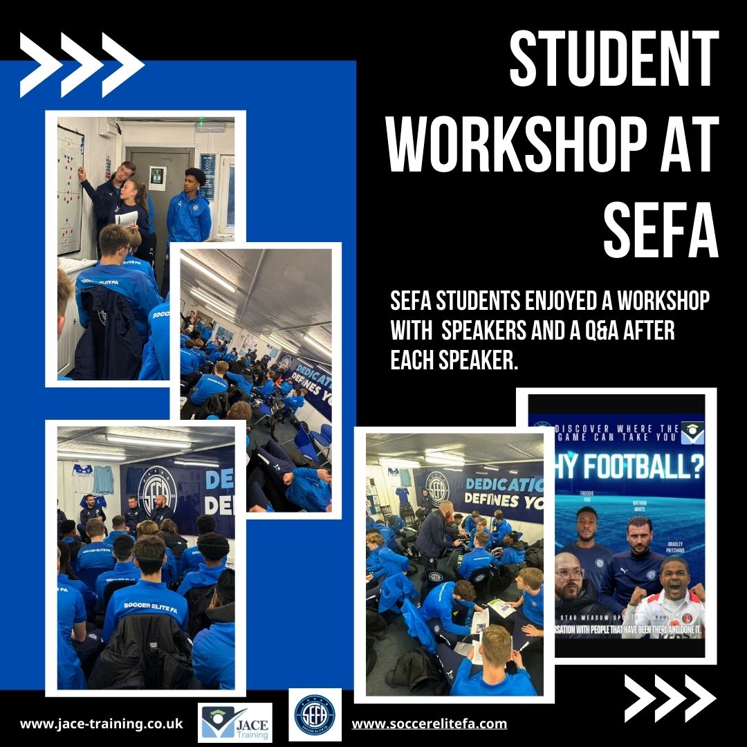 JACETraining's tweet image. Students at SEFA recently participated in an insightful workshop featuring guest speakers and a Q&amp;amp;A session! #students #football #studyprogrammes #btecs #ncfe