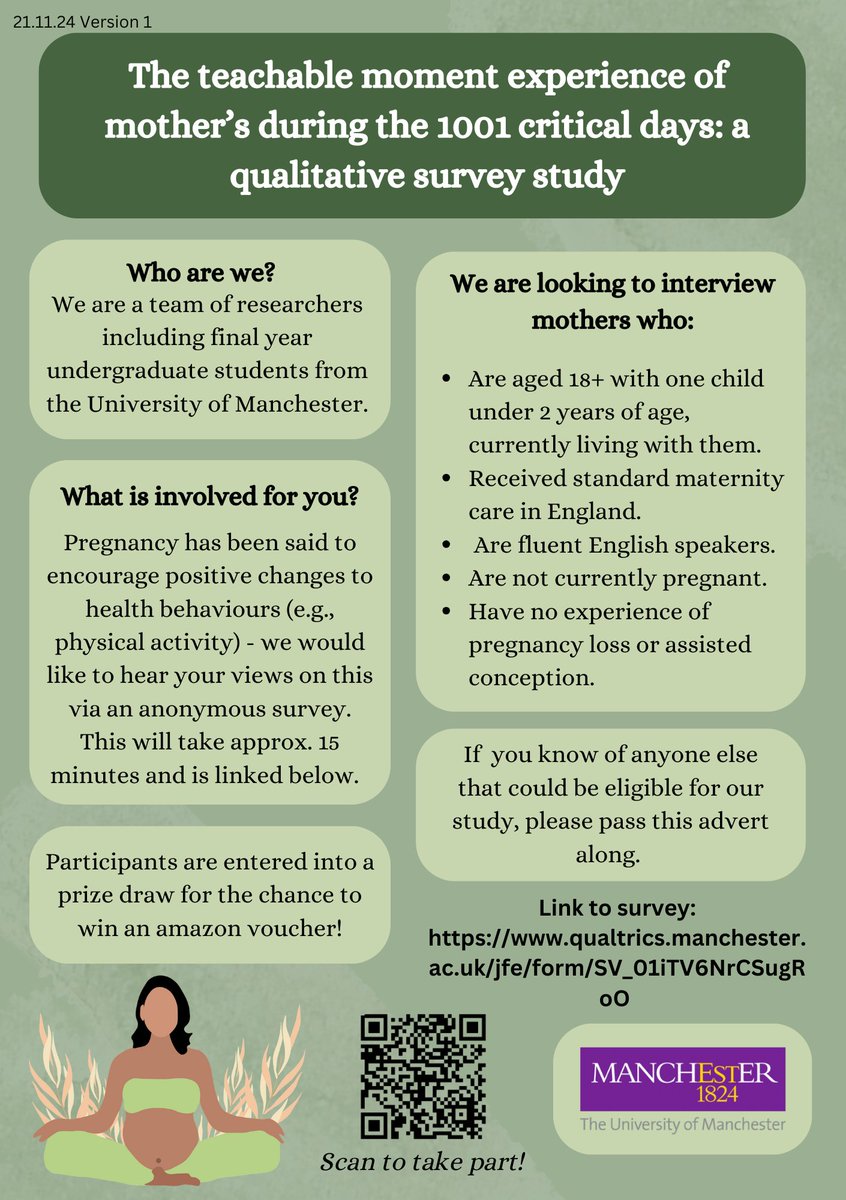 Are you a mother of a child under the age of 2 years in England? Did you make any positive changes to health behaviours when pregnant or after? If so, you may be eligible to take part in our research exploring the ‘teachable moments’ in pregnancy. (1/2)