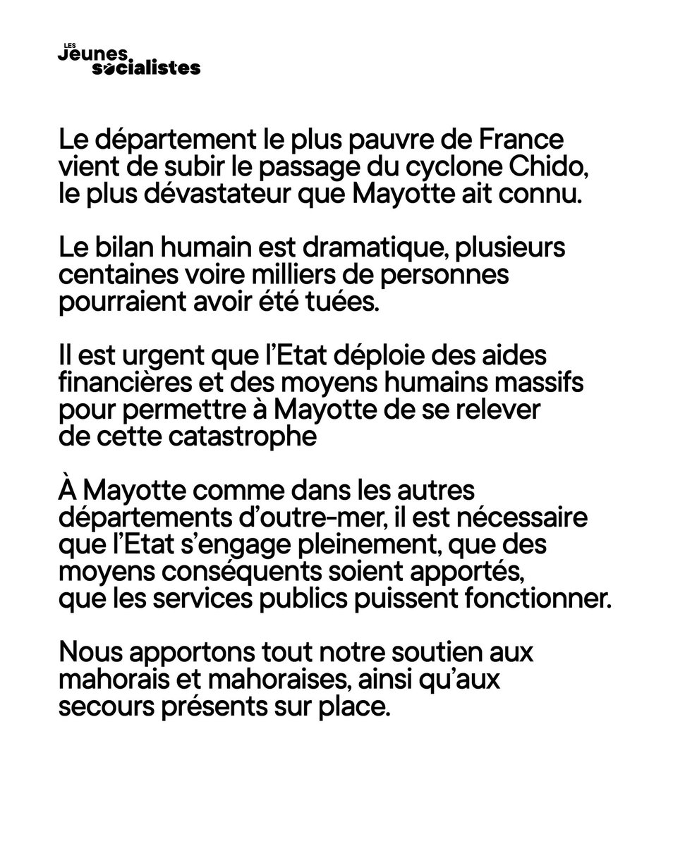 lesJeunesSoc's tweet photo. 🔴 Mayotte dévastée. Il faut une aide d’urgence massive pour ce territoire plongé dans le chaos ! La solidarité nationale doit être une réalité. 

#Mayotte https://t.co/kVANOmJSgK