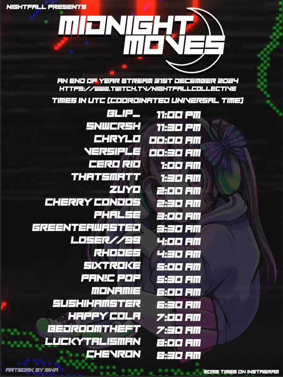 nightfallcolle's tweet photo. Here are the times for our upcoming Midnight Moves End of Year Stream.

All times in UTC https://t.co/FMmlUiL6bC