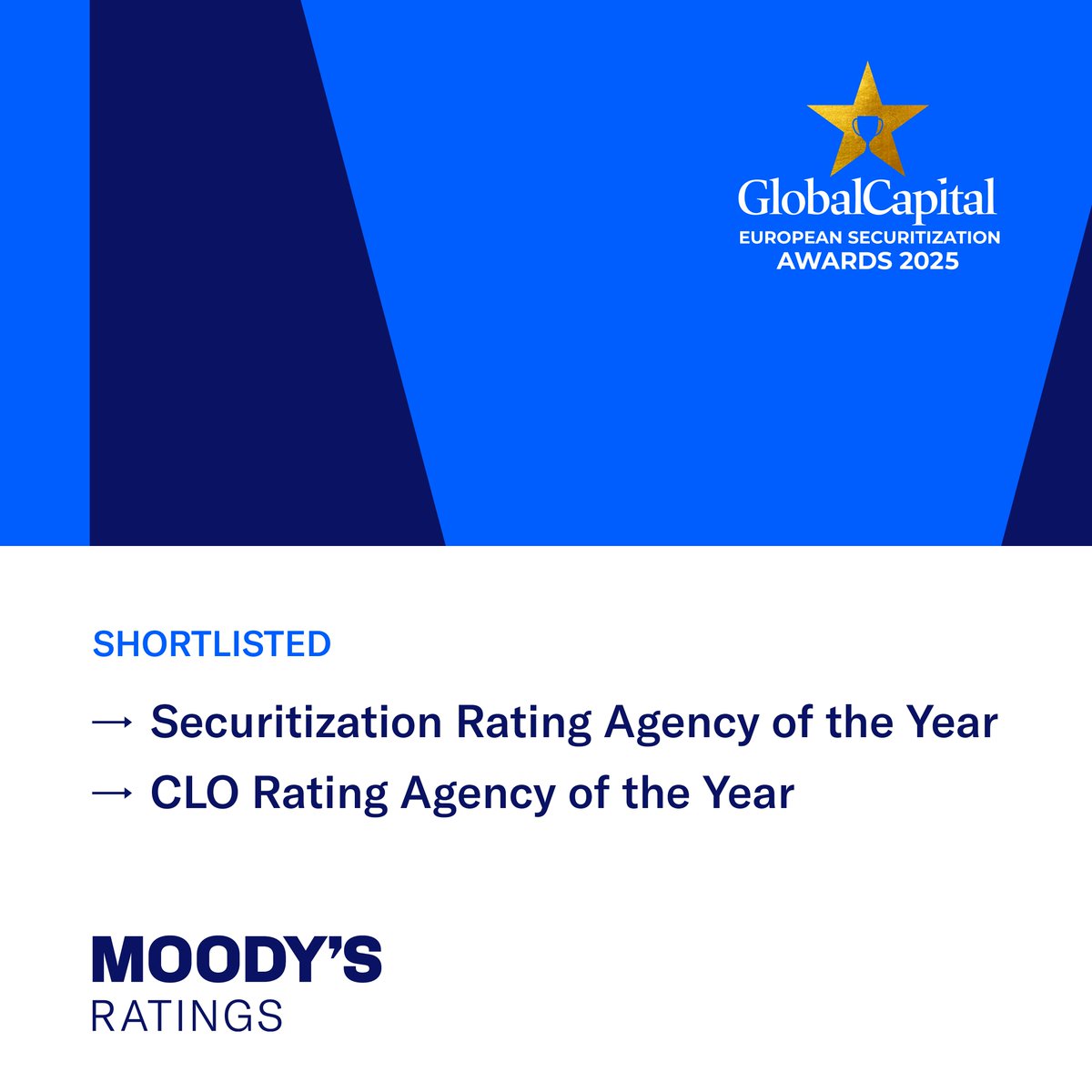 moodysratings's tweet image. Moody’s Ratings is delighted to be shortlisted for Securitization Rating Agency of the Year and CLO Rating Agency of the Year in the GlobalCapital European Securitization Awards 2025. 👉 Cast your vote here by 15 January: mdy.link/4fjUvWK

#Securitization #GlobalCapital