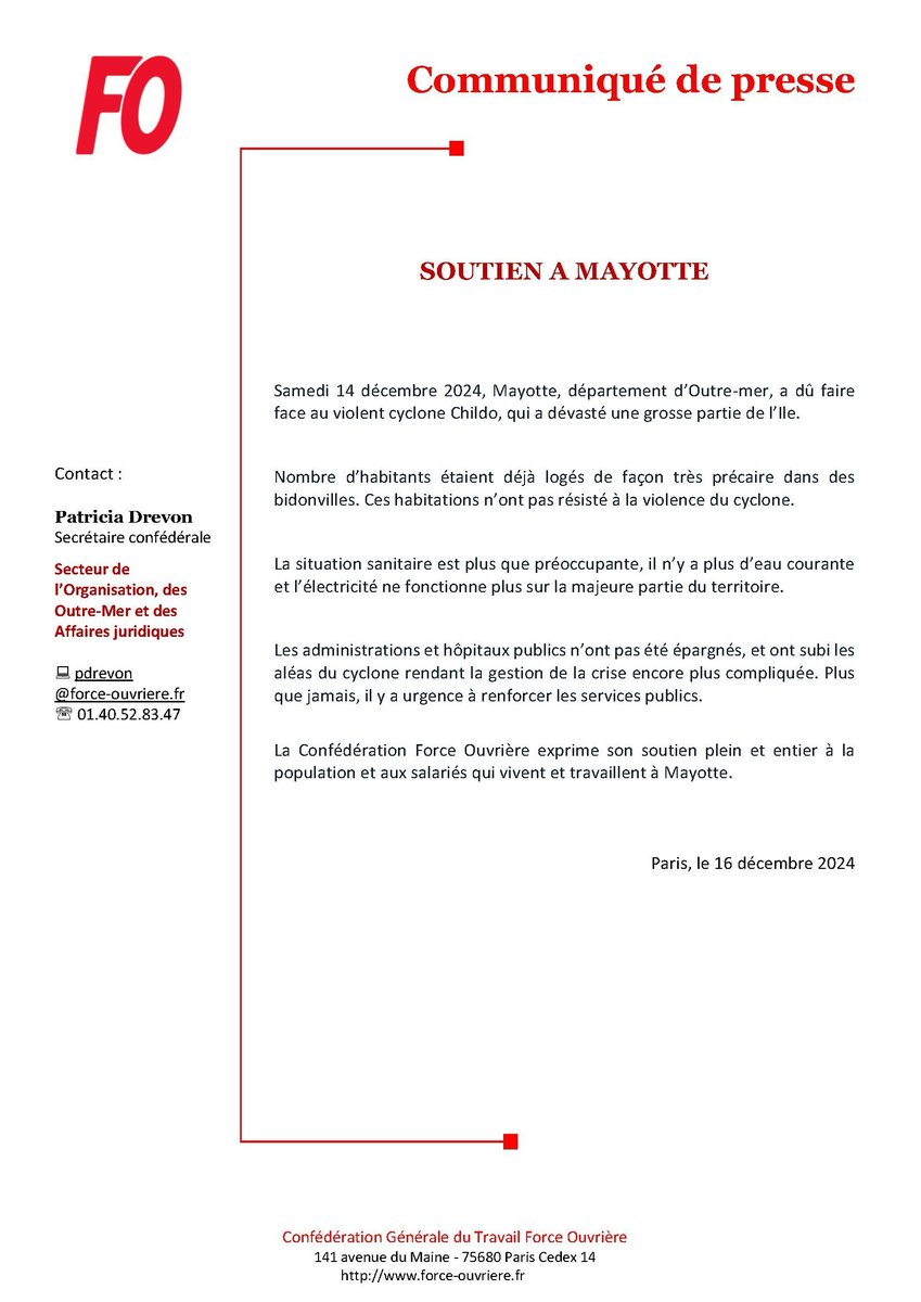 force_ouvriere's tweet image. [#Communiqué FO] Soutien à Mayotte 

Samedi 14 déc 2024, Mayotte a dû faire face au violent cyclone Childo, qui a dévasté une partie de l’Ile. La Confédération FO exprime son soutien à la population et aux salariés qui vivent et travaillent à Mayotte. 
&amp;gt;&amp;gt;force-ouvriere.fr/soutien-a-mayo…