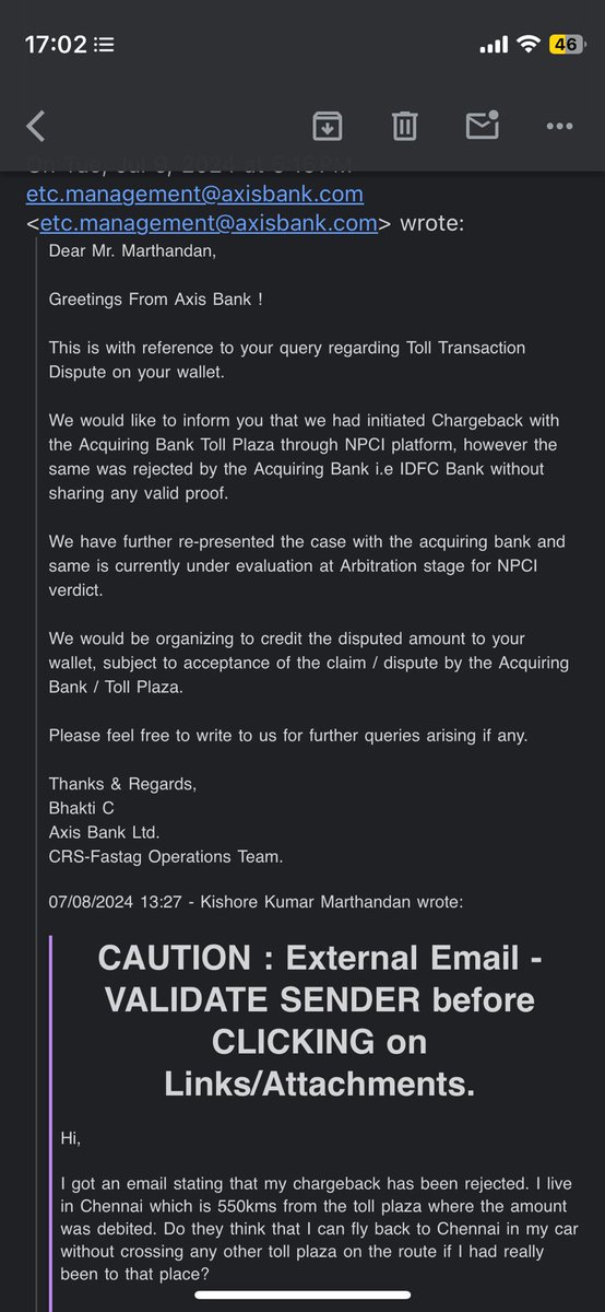 kmarth53's tweet photo. @jillsdaniel My chargeback(105rs) request got rejected with the reason that the acquiring bank rejected it without submitting any valid proof. My car is in Chennai and the debit happened at a place which is 550+kms away. https://t.co/A547JkbkB0