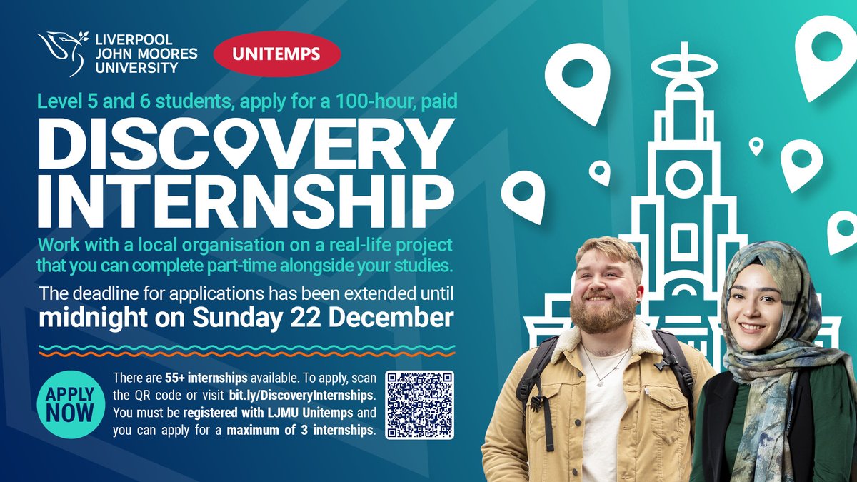LJMU Student Futures team (@ljmucareers) on Twitter photo The deadline for 2nd & final year <a href="/LJMU/">Liverpool John Moores University</a> students to apply for any of the 55+ Discovery Internships has been extended until midnight on Sunday 22 Dec. You must be registered with <a href="/unitempsL/">Unitemps Liverpool John Moores University</a> and you can apply for a max of 3 internships. Check out the opps: bit.ly/DiscoveryInter… The deadline for 2nd & final year <a href="/LJMU/">Liverpool John Moores University</a> students to apply for any of the 55+ Discovery Internships has been extended until midnight on Sunday 22 Dec. You must be registered with <a href="/unitempsL/">Unitemps Liverpool John Moores University</a> and you can apply for a max of 3 internships. Check out the opps: bit.ly/DiscoveryInter…