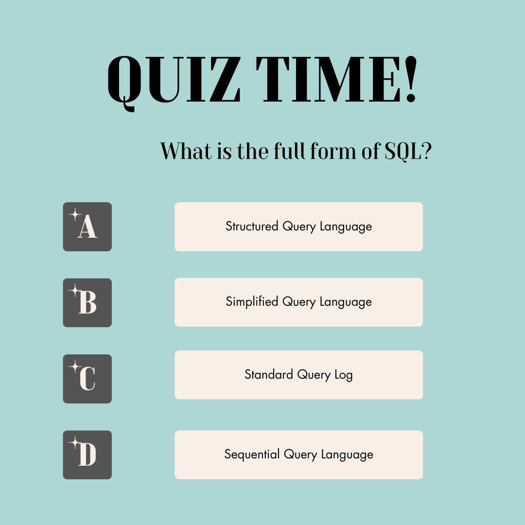 priyanka20266's tweet image. Full form of SQL
.
#SQL #StructuredQueryLanguage #DatabaseManagement #CodingSkills #TechEducation #DataScience #TechTips