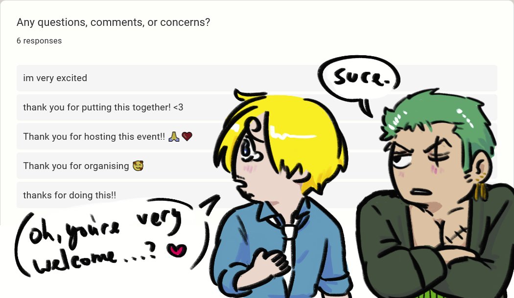 SanZoWeek2024's tweet photo. Many thanks to all the lovely respondents so far! 🥺🫶 Your appreciation makes our boys and the mod very happy ❤️

The suggestion section is also filled with exciting ideas from y'all, making more than 40 prompts so far!!! We can't wait to reveal what we got for the event! https://t.co/96oRjROOdb
