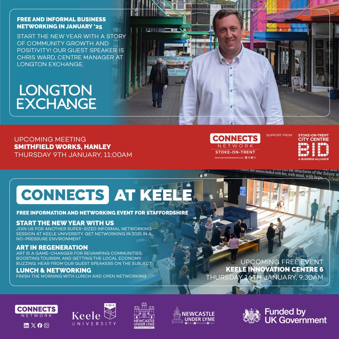 Two great free and informal networking events to kick off 2025! If you do work in Staffordshire then consider joining us for one of our community meetings. We host two each month and all entrepreneurs and artists, businesses and organisations are welcome!

eventbrite.co.uk/o/connects-net…