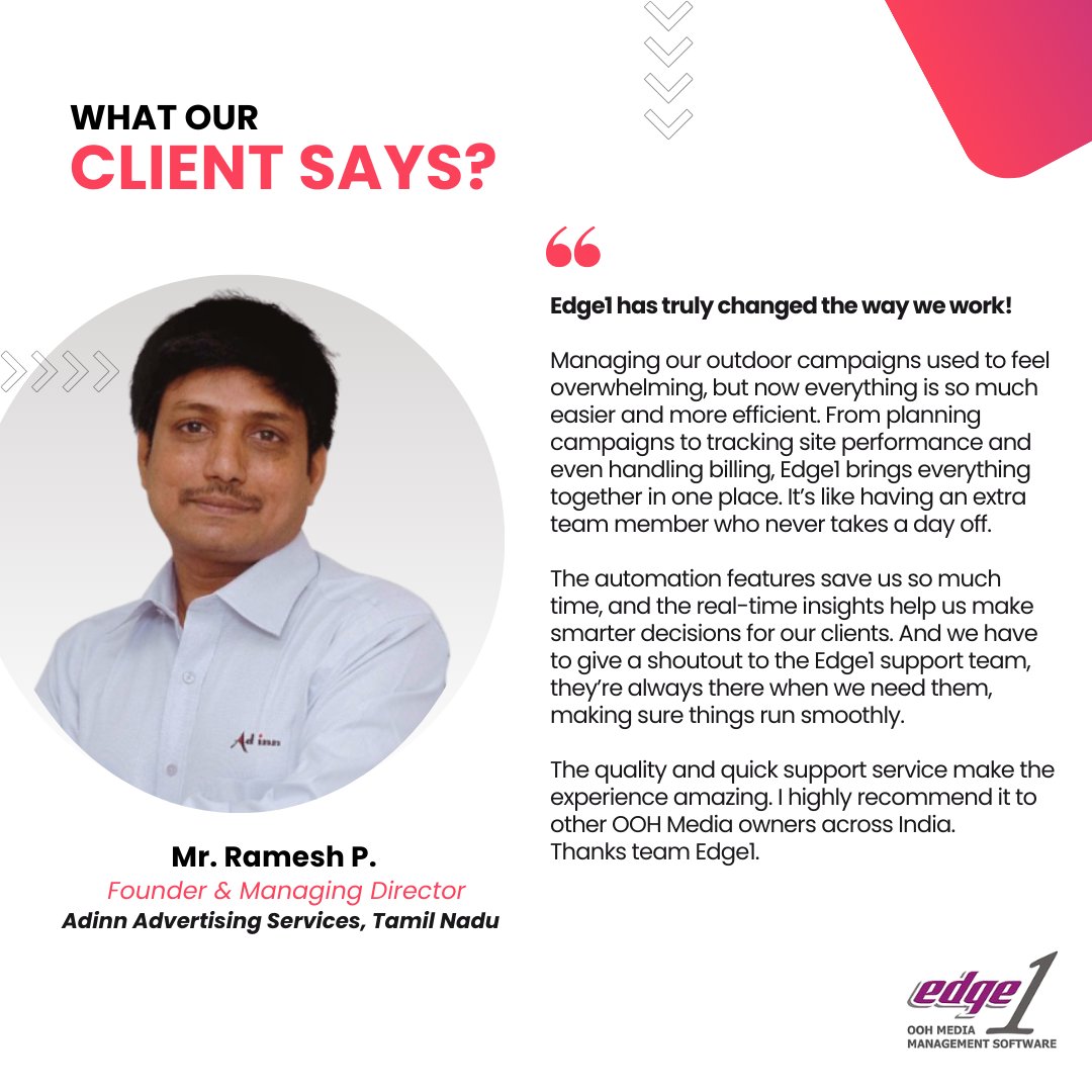 Edge1Official's tweet photo. Grateful for our amazing clients and their trust in our solutions! 🙌 Here's a testimonial that inspires us to keep pushing boundaries and delivering excellence.

@AdinnMadurai @RameshAdinn 

#ClientTestimonial #Edge1 #Billboards #OOHMedia #DOOH #PDOOH #AdTech https://t.co/fBH5Qpi46k