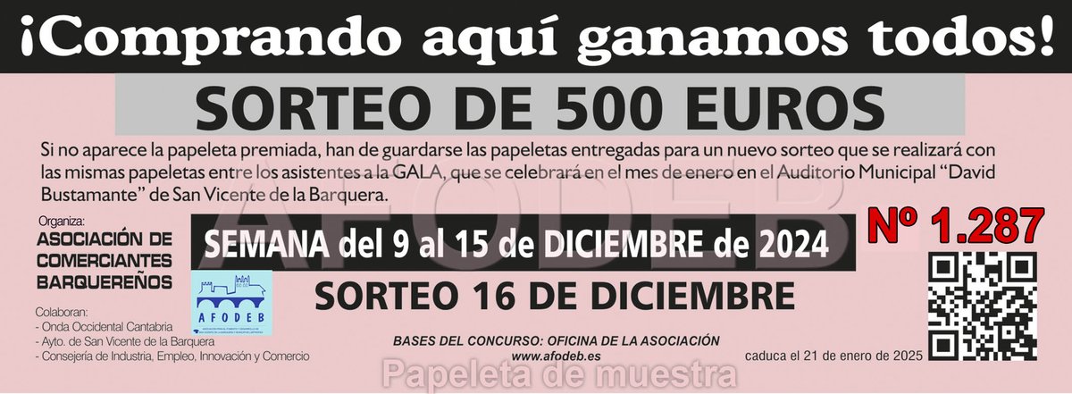 ☑️Los primeros 500 € del primer #sorteo de la Campaña de #navidad "Comprando aquí ganamos todos" 2024 de #sanvicentedelabarquera ya han sido sorteados y están buscando dueño. 💶💶
👉Comprueba tus papeletas y mucha #suerte
Mas info aquí: bit.ly/3Zw6iuU
#aquisiempretoca
