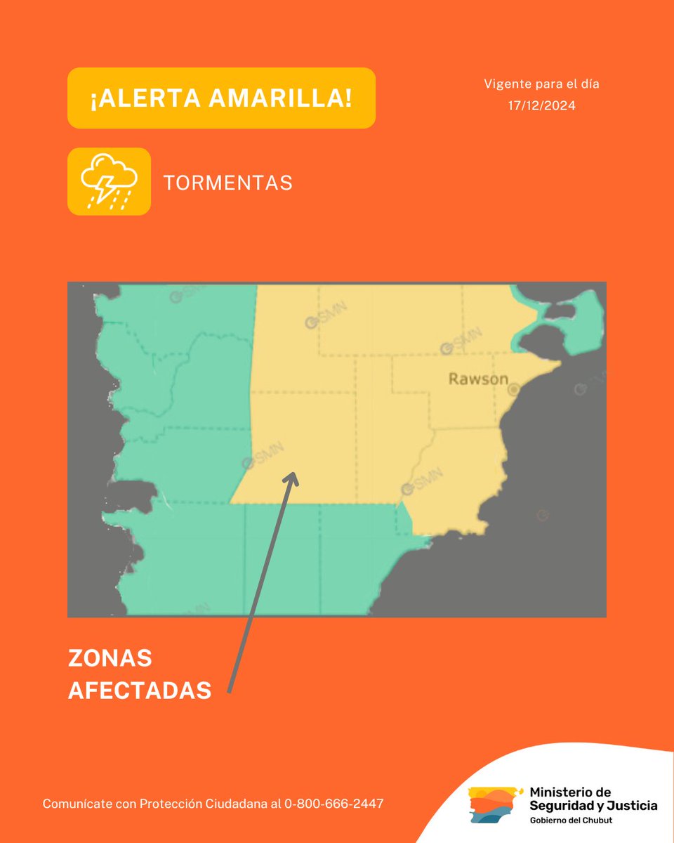 ⚠ La Subsecretaría de Protección Ciudadana dependiente del Ministerio de Seguridad y Justicia, informa sobre la zona de cobertura del alerta amarillo por tormentas, emitido por el Servicio Meteorológico Nacional prevista para la tarde del día 17 diciembre