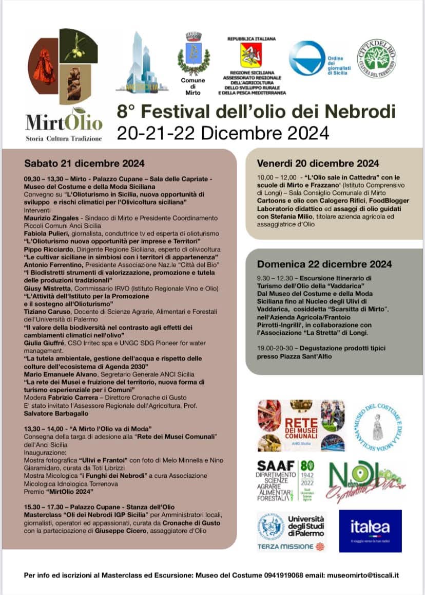 VisitSicilyOP's tweet photo. MirtOLio
8° Festival dell'olio dei Nebrodi
20-21-22 2024 #Mirto #eventisicilia24 #yummysicily #visitsicilyinfo #messina https://t.co/Nl14dICp4m
