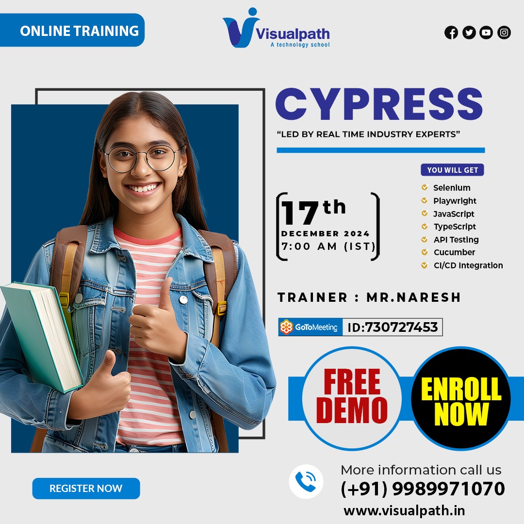 EVisualpat85693's tweet photo. Join Now: https://t.co/hIY6IKEbeQ
Attend Online #FreeDemo on #CYPRESS by Mr. Naresh
Demo on: 17/12/2024 @7am (IST)
Contact us: +91 9989971070
Visit  Blog: https://t.co/7vtjGvq0wU
WhatsApp: https://t.co/uvZwHEjVcy
Visit: https://t.co/oLHc9H9j7I

@VisualpathPro #testing #automation https://t.co/WOnEjQcPq0