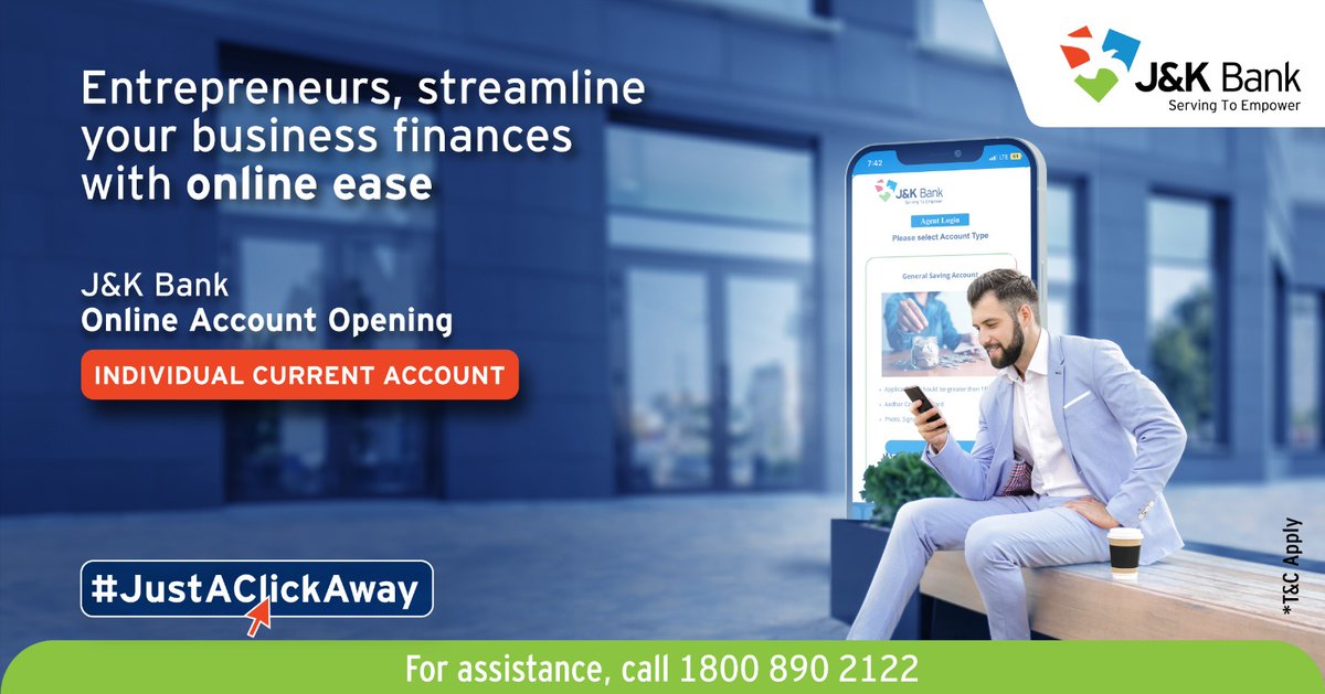 JandKBank's tweet photo. Your Individual Current Account has everything you need to manage your business finances. With J&K Bank Online Account Opening it is now #JustAClickAway. Start your journey today and get tailored benefits for your needs. Click here to proceed https://t.co/rteOKh0nsE

#JKBank #OnlineAccountOpening #SavingsAccount #Finance #Convenience #OnlineBanking