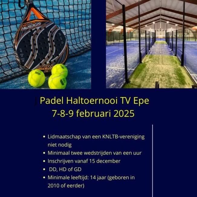TV_Epe's tweet photo. Meld je nu aan voor het padeltoernooi bij T.V. Epe van 7 t/m 9 februari 2025. Iedereen van 14 jaar en ouder mag meedoen, je hoeft geen lid te zijn van T.V. Epe. Je speelt minimaal 2 wedstrijden van 1 uur (DD-HD-MD). Deelname kost €15,- p.p.
https://t.co/9DNLlprAKo
#padeltoernooi https://t.co/uhNDbMOi8a