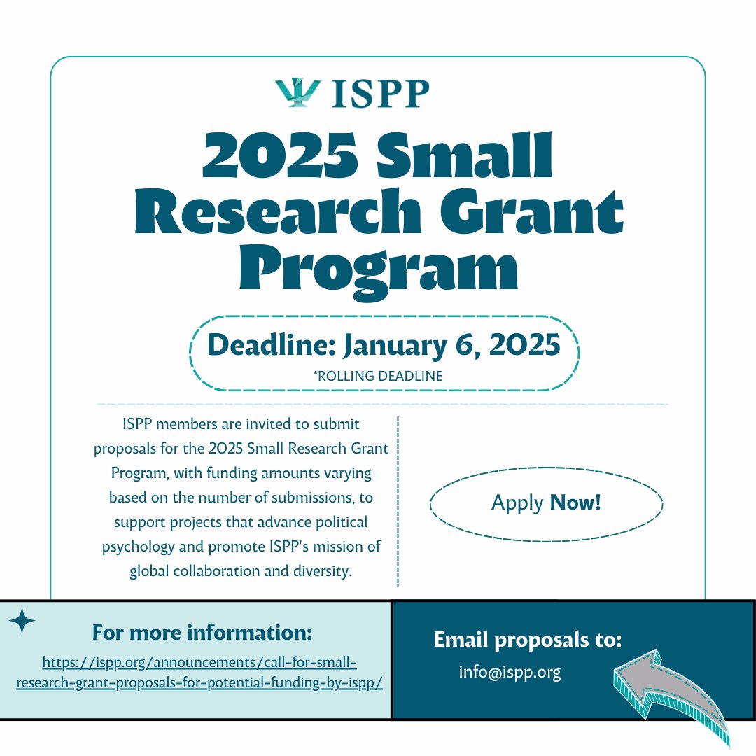 ISPP (@polpsyispp) on Twitter photo 🚨 3 Weeks left to apply for the #ISPP 2025 Small Research Grants Program!
Deadline: Jan 6, 2025 for full consideration. Proposals submitted after will be reviewed on a rolling basis.
Submit to: info@ispp.org
Details: ispp.org/wp/wp-content/…
#ResearchGrants #AcademicFunding 🚨 3 Weeks left to apply for the #ISPP 2025 Small Research Grants Program!
Deadline: Jan 6, 2025 for full consideration. Proposals submitted after will be reviewed on a rolling basis.
Submit to: info@ispp.org
Details: ispp.org/wp/wp-content/…
#ResearchGrants #AcademicFunding