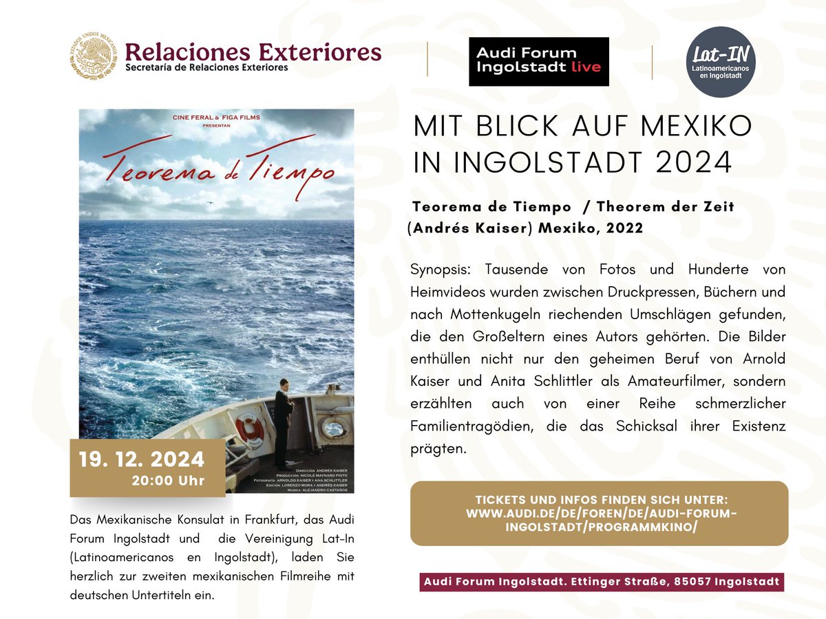 Consulmex Frankfurt (@consulmexfrk) on Twitter photo 🎥 En colaboración con el #Audi Forum #Ingolstadt presentamos nuestro
segundo ciclo de cine mexicano contemporáneo subtitulado al alemán🇩🇪: 🎞️👁️Mit Blick auf Mexiko
🎬 Teorema de Tiempo de <a href="/AndresKaiser_/">Andrés Kaiser</a>
19 de diciembre| ⏰ 20:00hrs
🔗 Más información: audi.de/audi-forum-ing… 🎥 En colaboración con el #Audi Forum #Ingolstadt presentamos nuestro
segundo ciclo de cine mexicano contemporáneo subtitulado al alemán🇩🇪: 🎞️👁️Mit Blick auf Mexiko
🎬 Teorema de Tiempo de <a href="/AndresKaiser_/">Andrés Kaiser</a>
19 de diciembre| ⏰ 20:00hrs
🔗 Más información: audi.de/audi-forum-ing…