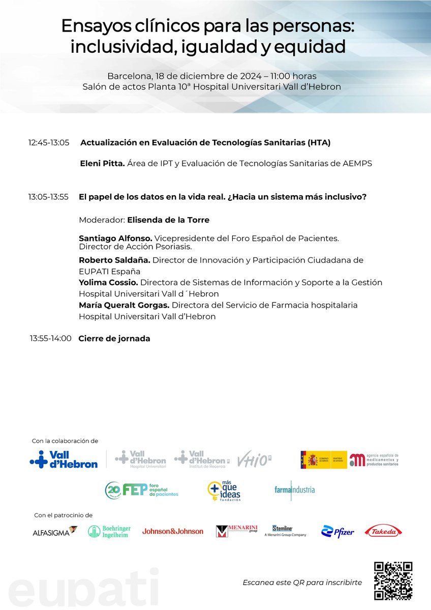 ¡Solo quedan dos días! 

¡Aún estás a tiempo de poder unirte a nosotros, presencial u Online, a la jornada que llevaremos a cabo el día 18 en el Hospital Universitario Vall d'Hebrón! 

Puedes inscribirte escaneando el código o desde el siguiente enlace: forms.gle/ToPGjMBWgLeQ5P…