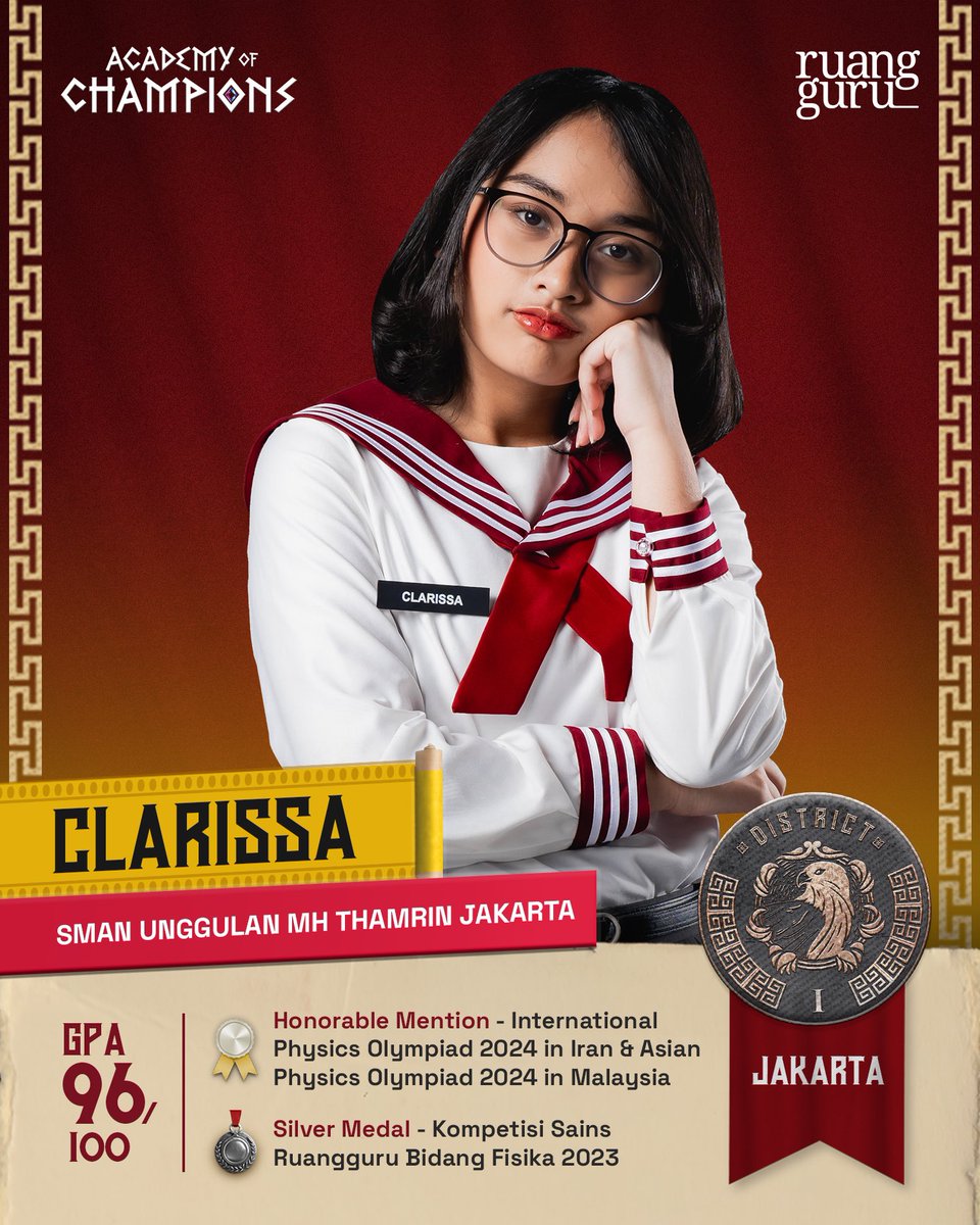 ruangguru's tweet photo. ✨ Clarissa (SMAN UNGGULAN MH THAMRIN JAKARTA)

•⁠ ⁠Honorable Mention - International Physics Olympiad 2024 in Iran
•⁠ ⁠Silver Medal - Kompetisi Sains Ruangguru Bidang Fisika 2023
•⁠ ⁠Honorable Mention - Asian Physics Olympiad 2024 in Malaysia
•⁠ ⁠Bronze Medal & Best Theory - Olimpiade Sains Nasional Bidang Fisika 2023
