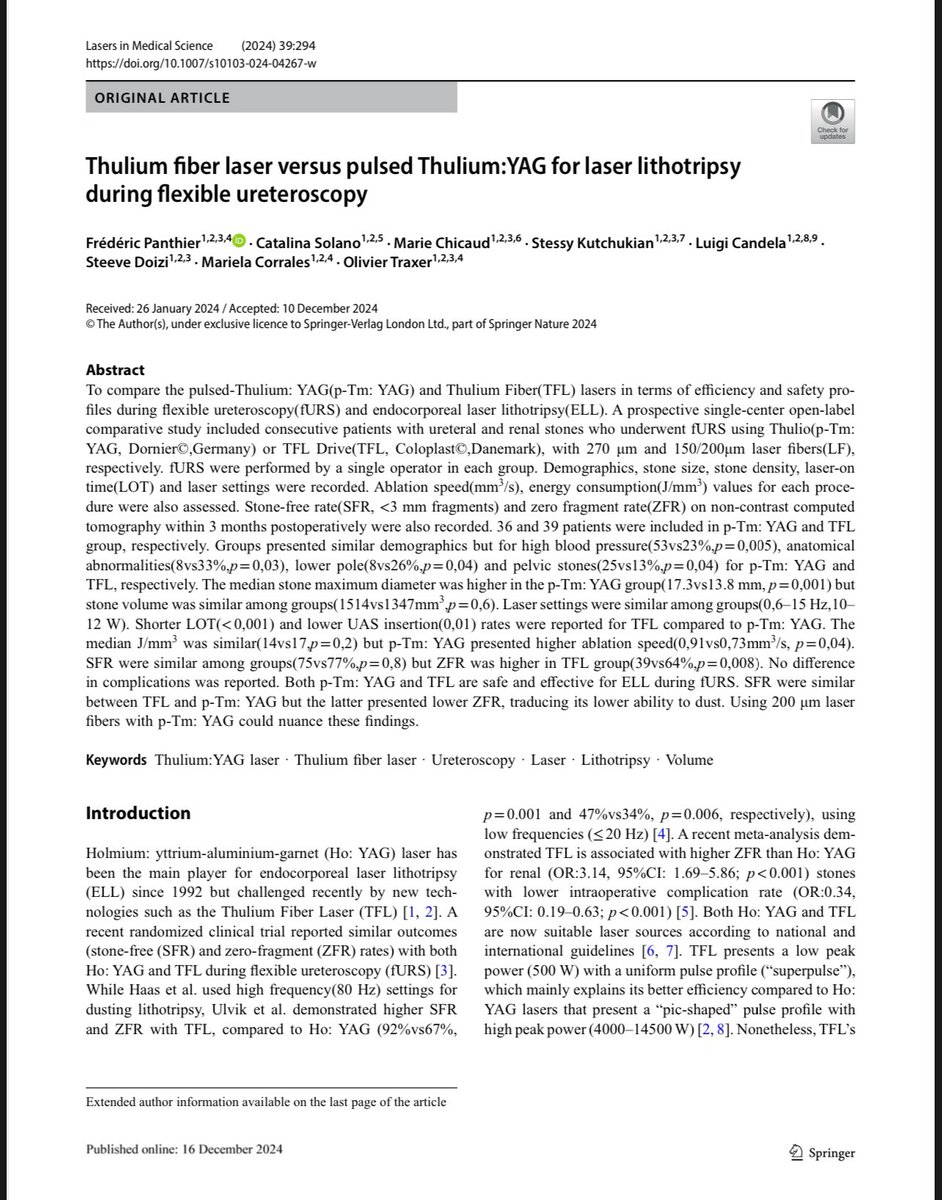 Study compares #TFL and #p-Tm:YAG for #fURS. Both are safe and effective, with similar stone-free rates
 rdcu.be/d3FxX

However, #TFL achieves better complete fragmentation (ZFR: 64% vs. 39%) due to shorter laser-on time and superior dusting ability. 

#p-Tm:YAG showed