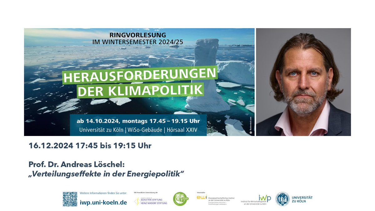 IWP Uni Köln (@iwp_uni_koeln) on Twitter photo Wir freuen uns, in unserer Ringvorlesung "Herausforderungen der Klimapolitik" am heutigen Tag Prof. Dr.
<a href="/andreasloeschel/">Andreas Loeschel</a>
begrüßen zu dürfen. Er thematisiert in seinem Vortrag die "Verteilungseffekte in der Energiepolitik". Wir freuen uns, in unserer Ringvorlesung "Herausforderungen der Klimapolitik" am heutigen Tag Prof. Dr.
<a href="/andreasloeschel/">Andreas Loeschel</a>
begrüßen zu dürfen. Er thematisiert in seinem Vortrag die "Verteilungseffekte in der Energiepolitik".