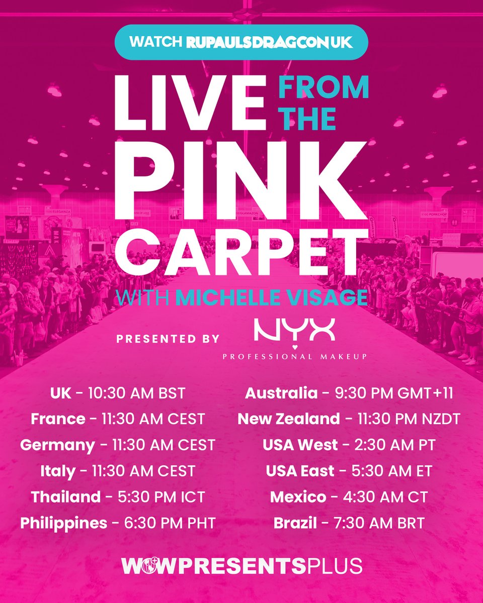 RuPaulsDragCon's tweet image. ๐ Fri 10 Jan - Live From The Pink Carpet with @michellevisage is BACK, spotlighting every look from The Queensโ Walk at @rupaulsdragcon UK 2025
โผ๏ธ Stream it LIVE on @wowpresentsplus WORLDWIDE ON 10 January at 10:30AM UTC: hubs.la/Q02_L15c0
๐ Presented by @nyxcosmetics