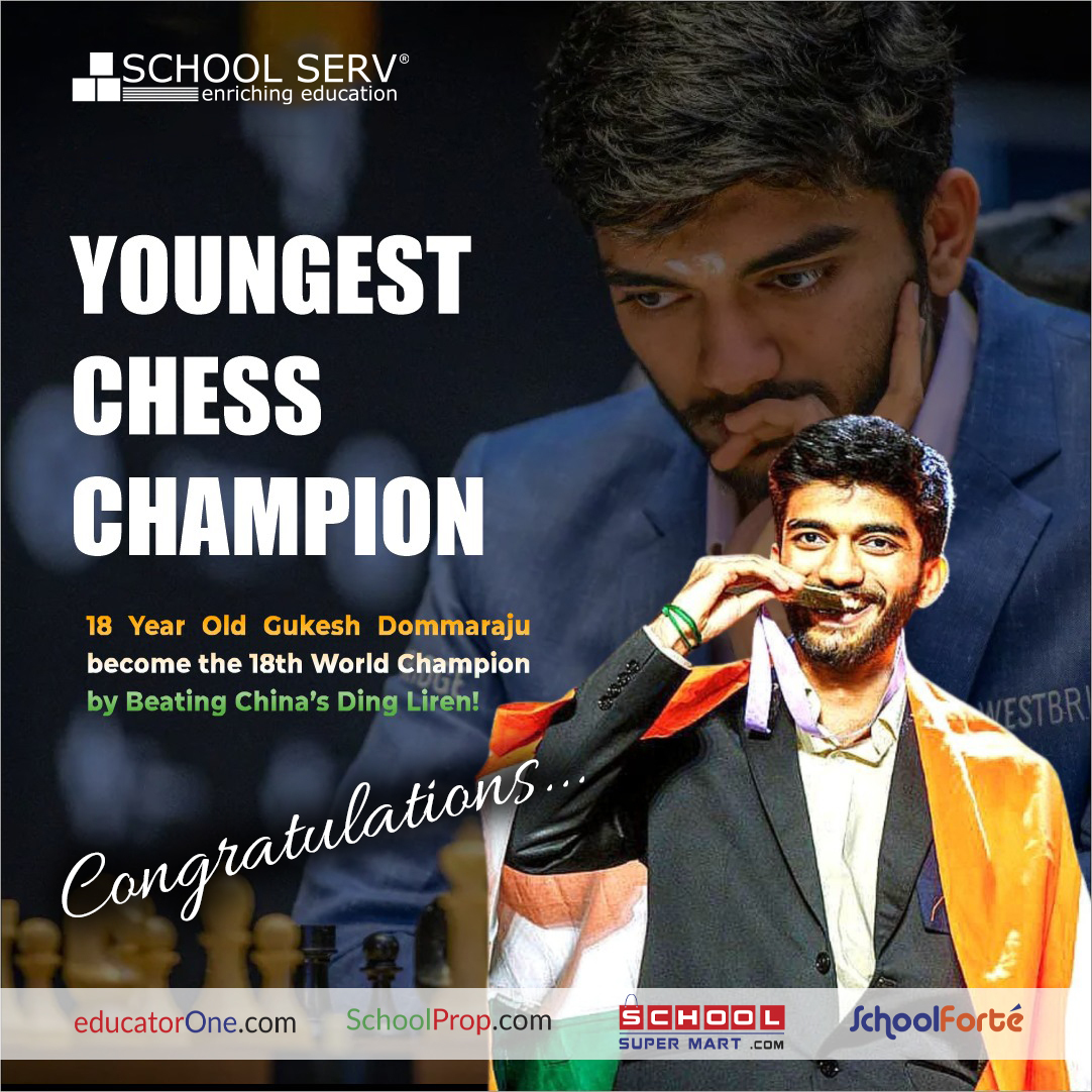 SchoolProp's tweet photo. Congratulations to Gukesh  from the SchoolServ Team for inspiring the world with your unmatched strategic genius and relentless pursuit of excellence! Your achievements remind us that age is no barrier to greatness. May your journey continue to redefine the horizons of chess! https://t.co/swkvmFkVAn