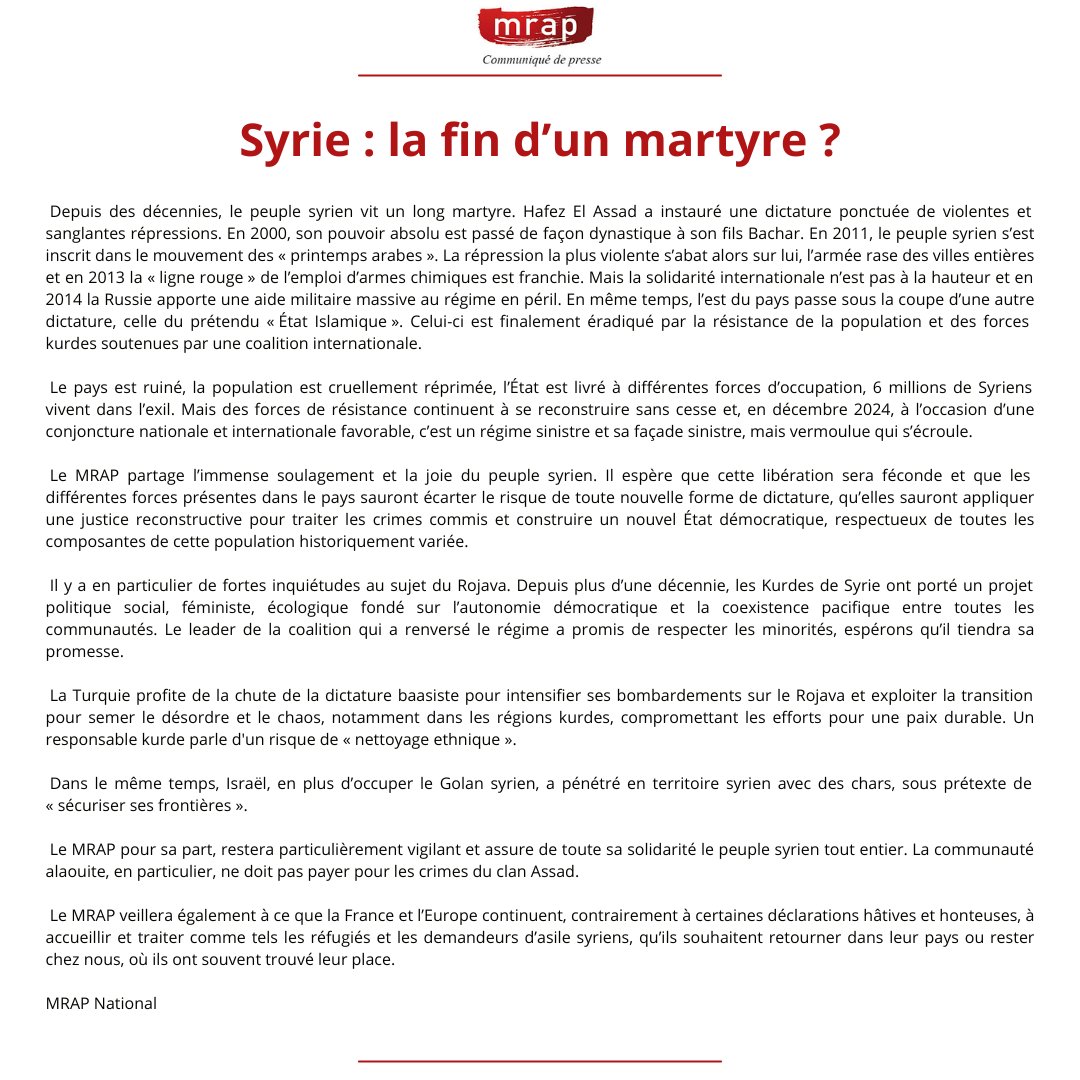 Le MRAP restera particulièrement vigilant et réaffirme toute sa solidarité envers le peuple syrien. Il souligne également l'importance de continuer à accueillir et protéger les réfugiés syriens en France et en Europe.