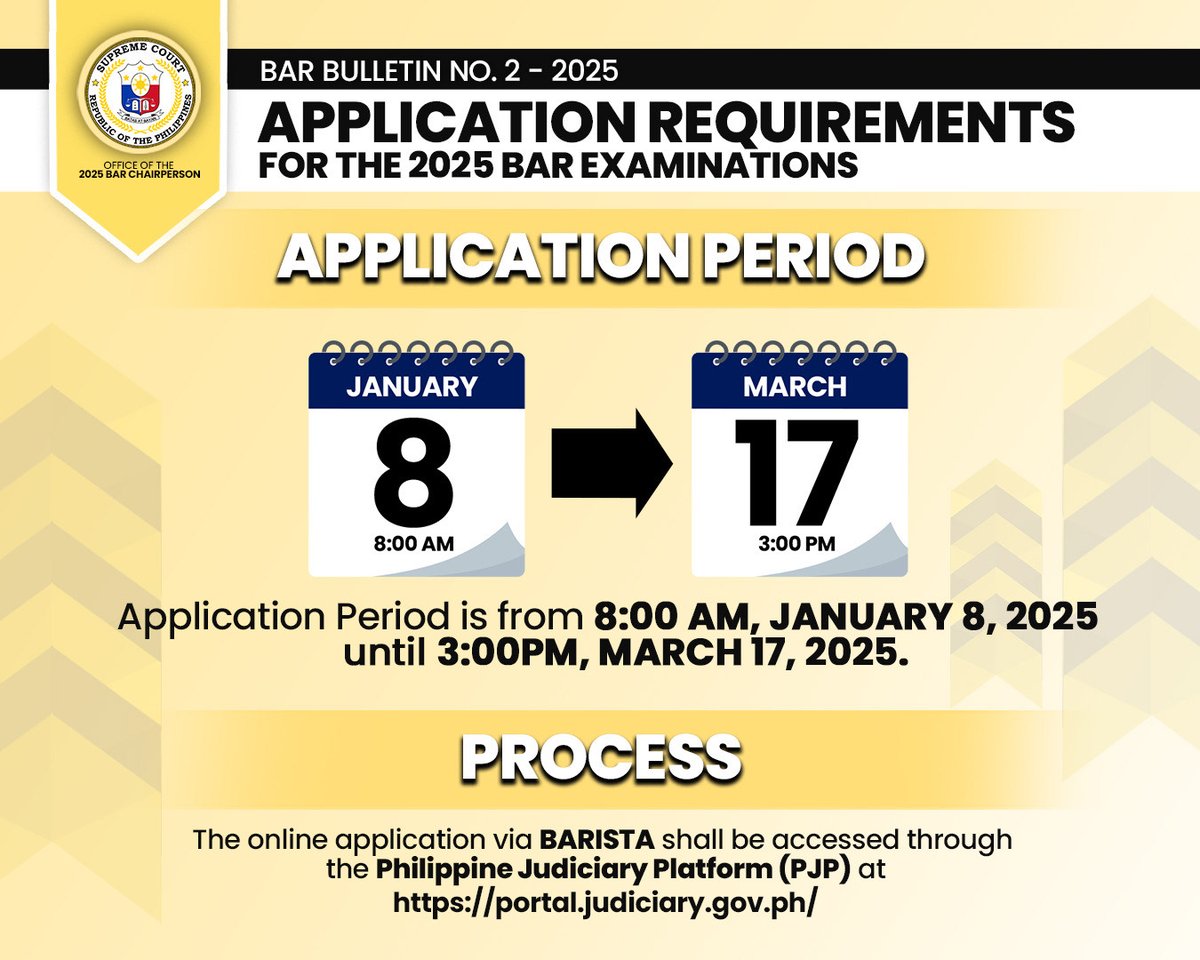 SCPh_PIO's tweet photo. The Office of the #Bar2025 Chairperson, Associate Justice Amy C. Lazaro-Javier, has issued Bar Bulletin No. 2 series of 2025, dated December 16, 2024, on the Application Requirements and Venue Assignment Procedure for the 2025 Bar Examinations.

Read the Bar Bulletin in full at: https://t.co/dkzlleEHVm

#AMYingForExcellence
#AJustBArAwaitsU
#HaveFaith
#SupremeCourtPH