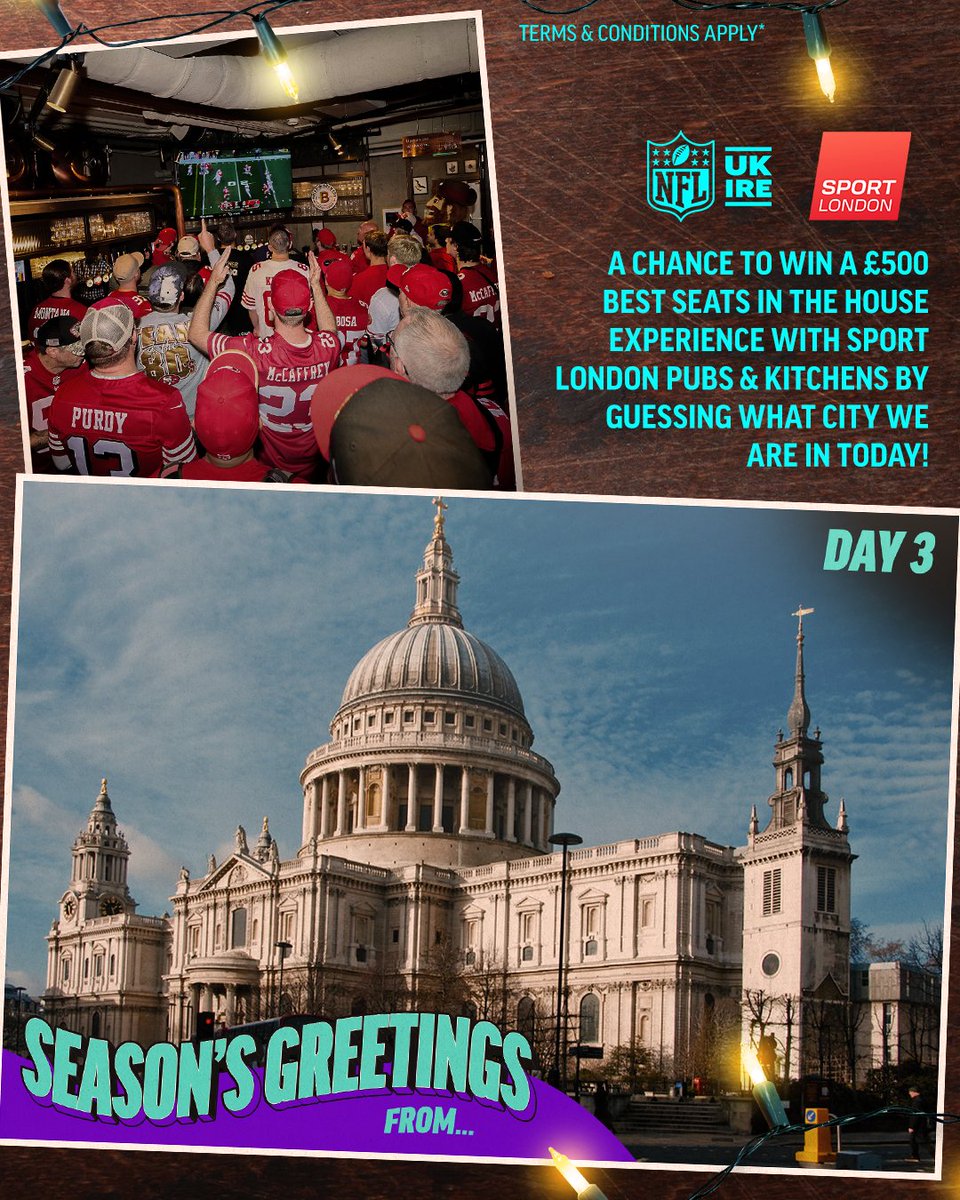 NFL UK & Ireland (@nflukire) on Twitter photo 🎄 Find The Joy Day 3 🎁
A chance to win a £500 Best Seats in the House experience with Sport London Pubs & Kitchens!
To enter:
Make sure you’re following <a href="/NFLUKIRE/">NFL UK & Ireland</a>
Guess what city we’re in by commenting below. 🎄 Find The Joy Day 3 🎁
A chance to win a £500 Best Seats in the House experience with Sport London Pubs & Kitchens!
To enter:
Make sure you’re following <a href="/NFLUKIRE/">NFL UK & Ireland</a>
Guess what city we’re in by commenting below.