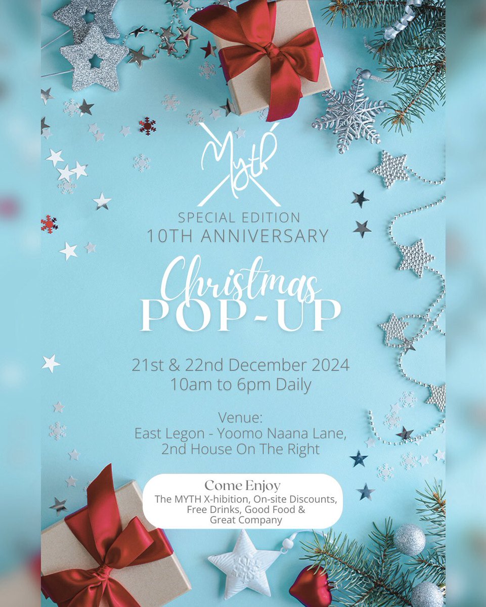WeAreMythHouse's tweet photo. Let's pop, shop and celebrate! Tis the season!

Join us this weekend at our special 10th anniversary christmas pop-up event on Saturday 21st and Sunday 22nd Decemeber, 2024

See you there!

#MYTH #MYTHAnniversary #10YearsofMYTH #MythMuses #CelebratingCraftsmanship https://t.co/6zmp1o3F3G