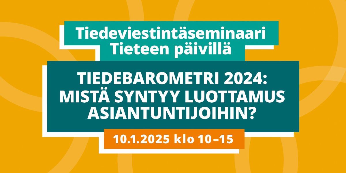 Jos työhösi kuuluu tieteestä viestiminen, meillä on sinulle ohjelmaa Tieteen päivillä!

10.1. pidettävässä seminaarissa tartutaan viimeisimmän Tiedebarometrin tuloksiin. Miten luottamus asiantuntijoihin rakentuu, ja onko se murroksessa? Lue lisää: tjnk.fi/fi/tapahtumat/…