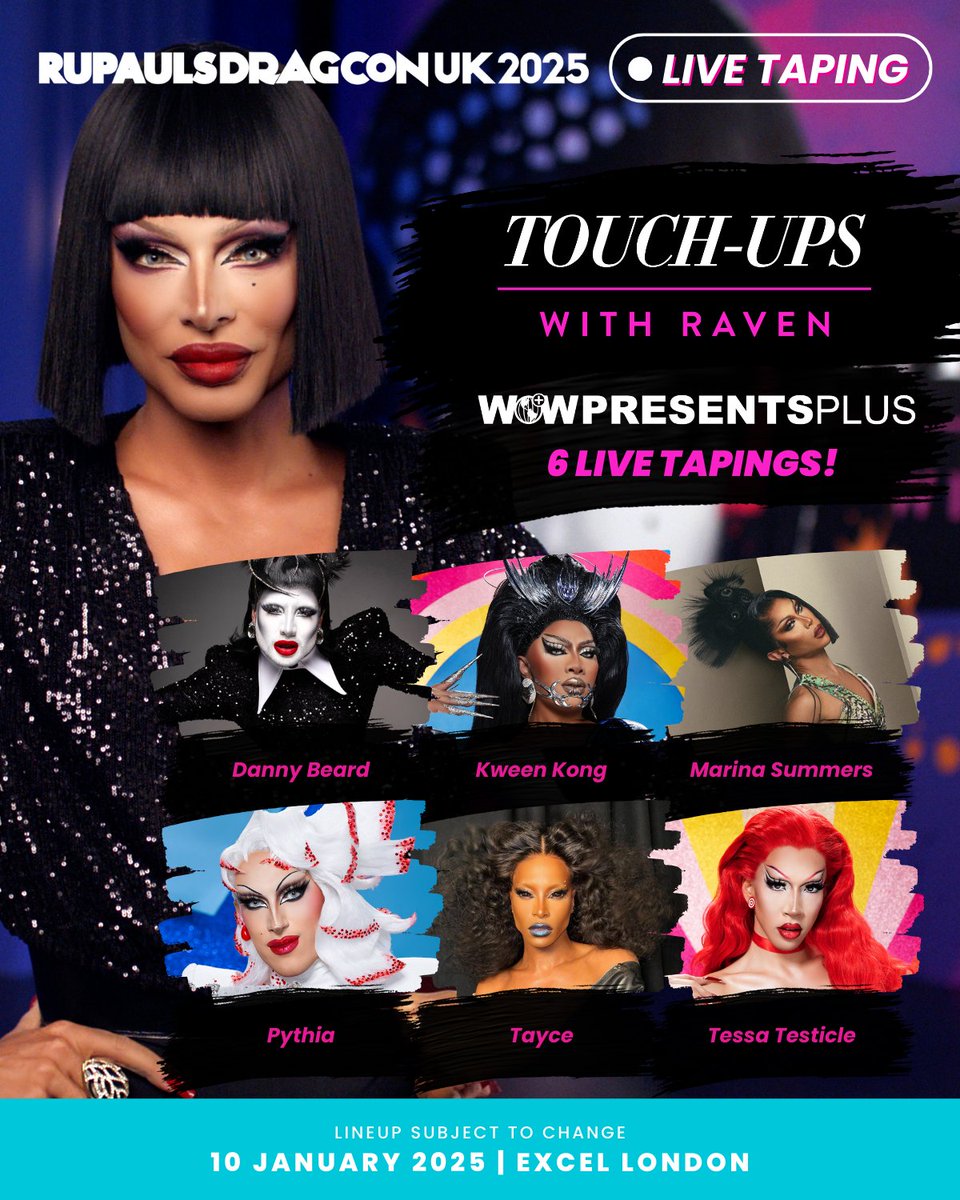 RuPaulsDragCon's tweet image. ๐ Touch-Ups with Raven, hosted by @paintedwraven_host #Raven, will film SIX live tapings at #DragCon UK, premiering later next year on @wowpresentsplus
๐๏ธ Tickets at hubs.ly/Q02_L3vD0
@thedannybeard @kweenkong_ @marinaxsummers @queenpythia @its_tayce @TessaTesticle