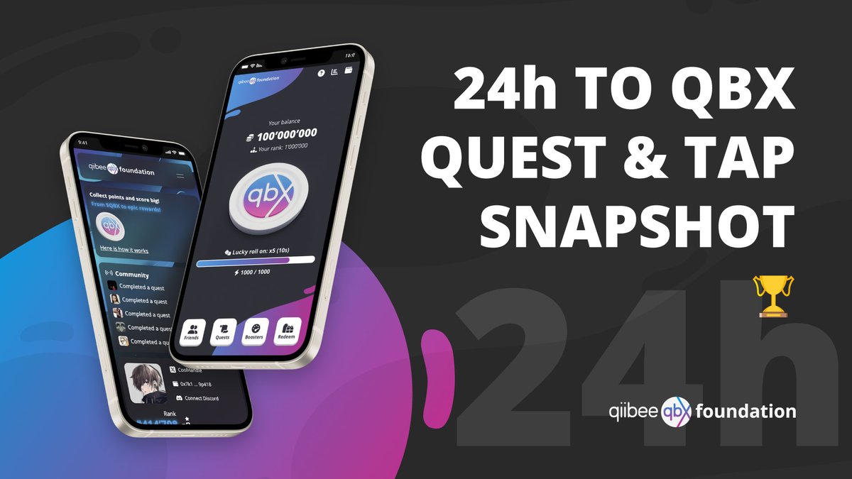 24 hours left for QBX Quest and Tap

Hop into our Discord for some final updates that just went out. 

This is also your last chance to check if you are eligible!
Check on: vip.qiibeefoundation.org