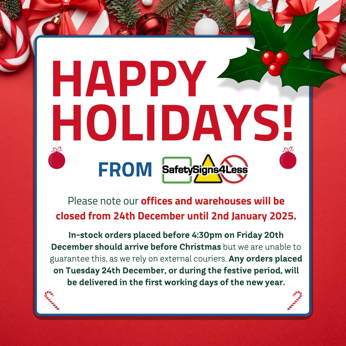 SafetySigns4Les's tweet photo. 🎄✨ Christmas Update from SafetySigns4Less ✨🎄

As the festive season approaches, please note the following holiday information!

Thank you for choosing SafetySigns4Less. We wish you a safe and joyful holiday season! 🎉✨

#SafetySigns4Less #ChristmasUpdate #Xmas #Christmas2024 https://t.co/rrfYdhCDPI