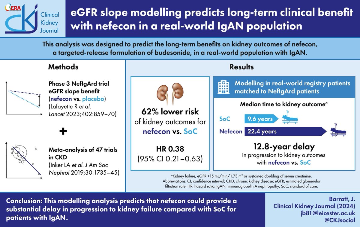eGFR slope modelling predicts long-term clinical benefit with nefecon in a real-world IgAN population

doi.org/10.1093/ckj/sf…

This modelling analysis indicates that the eGFR benefit seen with nefecon predicts a substantial delay in progression to kidney failure