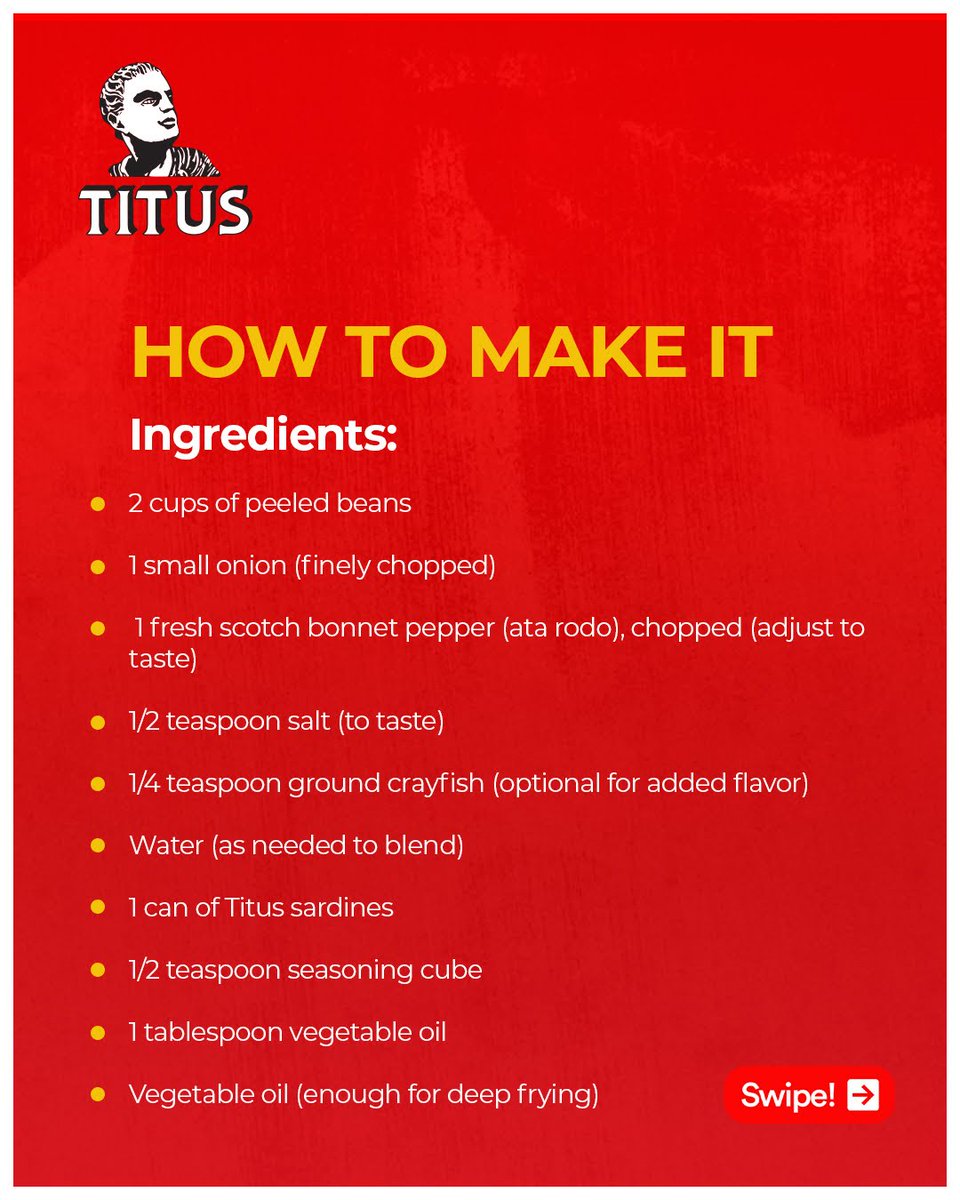 Titussardinesng's tweet photo. Transform your beans into delicious, protein-packed Akara, with a simple can of Titus Sardines! A twist that takes your meal from simple to extraordinary.
Donβt believe us? Check out this recipe! βπΎ
#TitusSardinesRecipes
#SavourTheSeason
#ExtraordinaryInside https://t.co/e2loELulnp