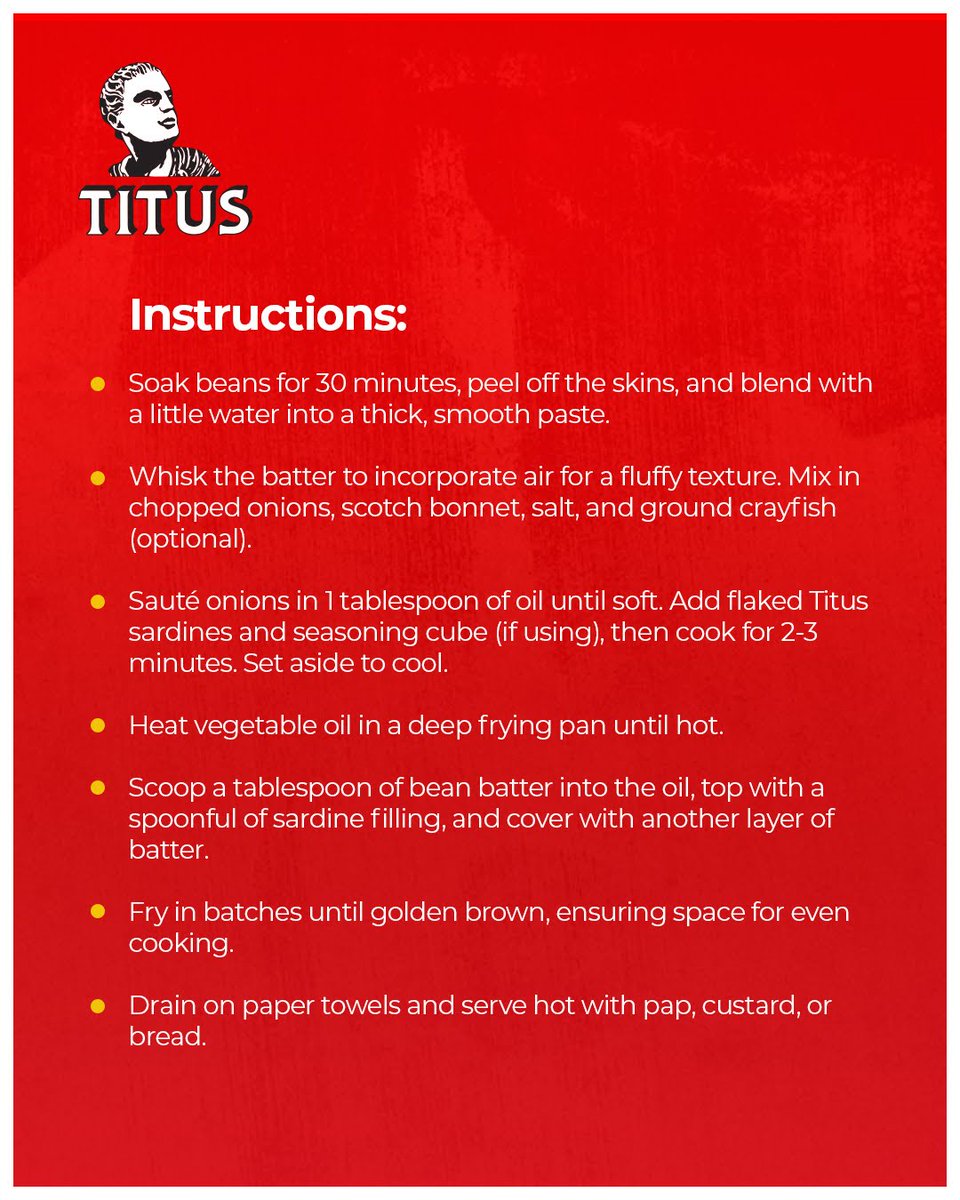 Titussardinesng's tweet photo. Transform your beans into delicious, protein-packed Akara, with a simple can of Titus Sardines! A twist that takes your meal from simple to extraordinary.
Donβt believe us? Check out this recipe! βπΎ
#TitusSardinesRecipes
#SavourTheSeason
#ExtraordinaryInside https://t.co/e2loELulnp