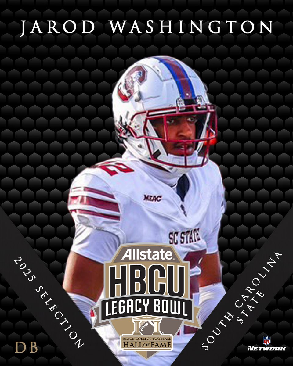 Welcome to the 2025 ALLSTATE HBCU LEGACY BOWL!

JAROD WASHINGTON
DB, <a href="/SCState_Fb/">South Carolina State Football</a> 

#LegacyBound ✊🏿