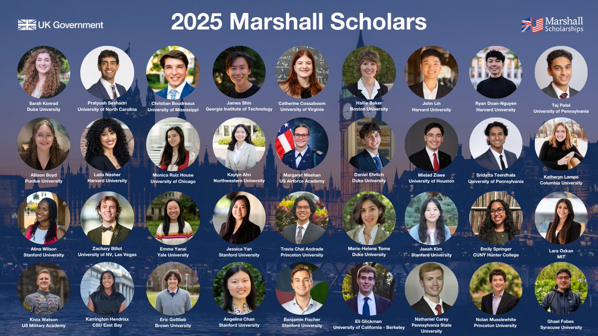 Dame Karen Pierce (@karenpierceuk) on Twitter photo Delighted to announce today the 2025 <a href="/MarshallScholar/">Marshall Scholars</a> winners!
This incredible group of future American leaders will travel to the UK next year to study at many of the UK’s top universities. Congratulations! Delighted to announce today the 2025 <a href="/MarshallScholar/">Marshall Scholars</a> winners!
This incredible group of future American leaders will travel to the UK next year to study at many of the UK’s top universities. Congratulations!