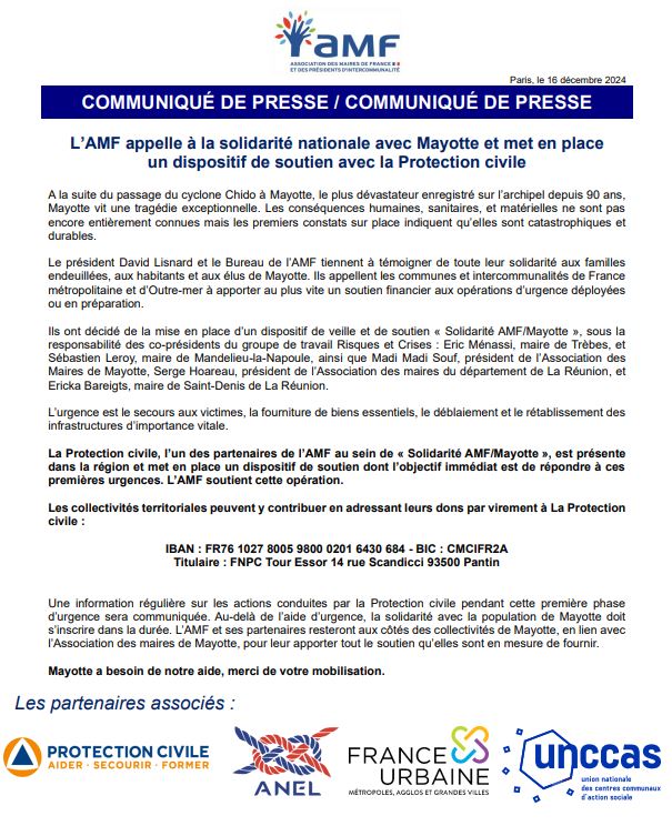 🔴[COMMUNIQUÉ DE PRESSE]
L’AMF appelle à la solidarité nationale avec Mayotte et met en place un dispositif de soutien avec la Protection civile.

<a href="/ProtecCivilefr/">Protection Civile</a> , l’un des partenaires de l’AMF au sein de « Solidarité AMF/Mayotte », est présente dans la région et met en place un
