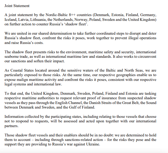 A joint statement by the Nordic-Baltic 8++ countries (Denmark, Estonia, Finland, Germany, Iceland, Latvia, Lithuania, the Netherlands, Norway, Poland, Sweden and the United Kingdom) on further action to counter Russia’s ‘shadow fleet’.