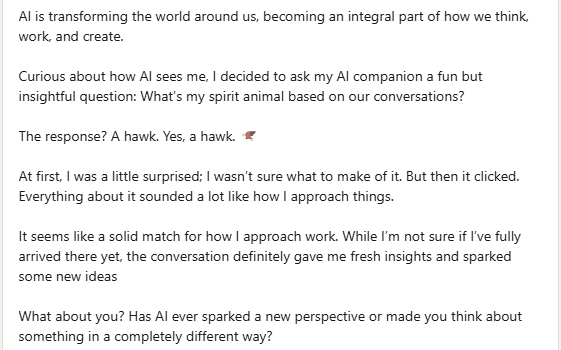 Priyanka_web3's tweet photo. Has AI ever sparked a new perspective or made you think about something in a completely different way?
#AIInsights #SpiritAnimal #AIandLife #AIRevelations #HawkFocus #NewPerspectives #TechAndNature #AIInspiration #ReflectWithAI
#AIThoughts https://t.co/sY97vcb6Y8