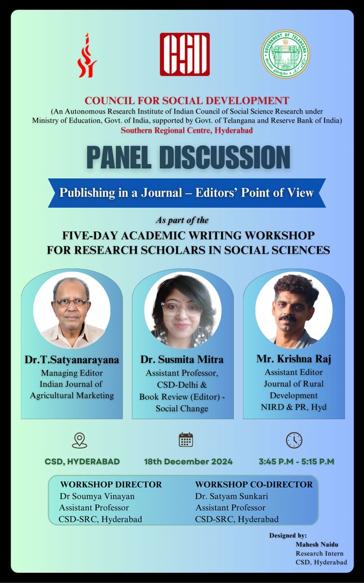 📝Gain valuable insights into the journey of academic publishing📝
Panel Discussion - "Publishing in a Journal: Editors' Point of View" <a href="/CSDHyderabad/">Council for Social Development (CSD) Hyderabad</a> on December 18, 2024.

<a href="/icssr/">Indian Council of Social Science Research (ICSSR)</a> <a href="/SujitMishra72/">Sujit Mishra</a> <a href="/soumyavinayan/">Soumya Vinayan</a>
