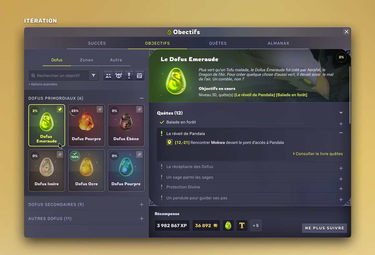 Un nouveau concept (perso) toujours dans la lignée des quêtes.

J'ai repris cette fois une idée qui n'est pas de moi mais d'un joueur (lien de son topic en comm').

C'est un écran "Objectif" pour suivre plus simplement l'avancement des Dofus et autres objectifs.

#DOFUS  #Ankama