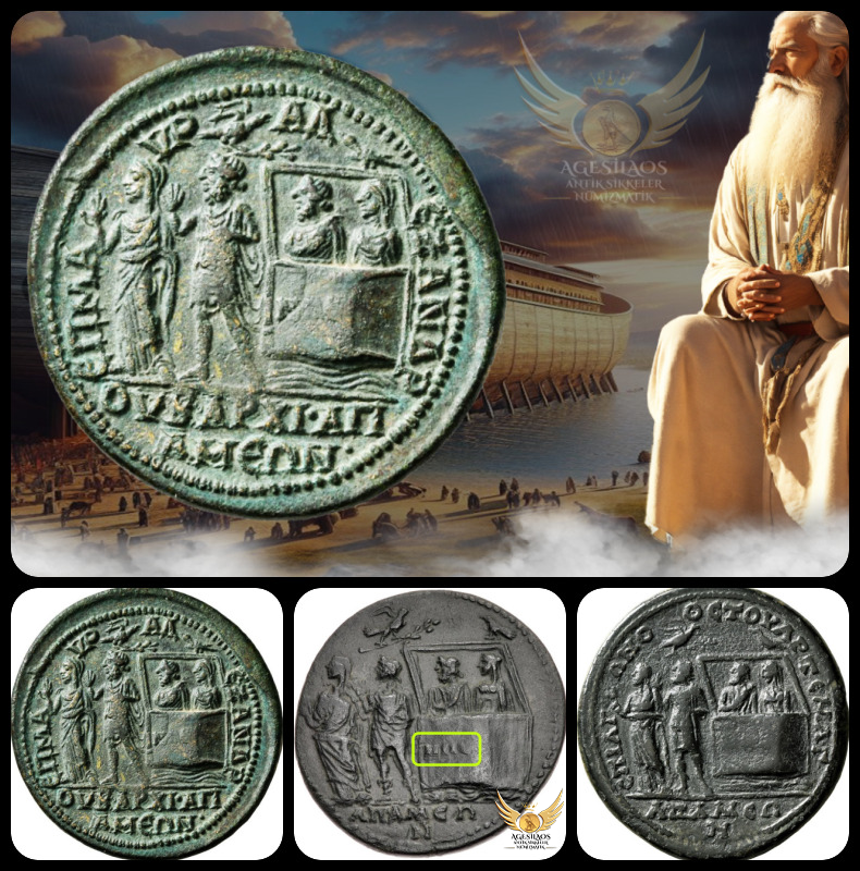 AntikSikkeler's tweet photo. Nuh ve Gemisi
Apameia Antik Kenti - AΠAMЄΩN
#Afyonkarahisar #Dinar
🔶Apameia antik kentinde darb edilmiş Roma dönemi örnek antik sikkelerin arka yüzlerinde görülen Nuh'un Gemisi efsanesi tasvirleri, Eski Ahit'te anılan ve antik bir sikkeye işlenen tek olay olup sadece #Frigya bölgesinde Seleukos Kralı I. Antiochos tarafından kurulan #Apameia antik kentine özgüdür.

🔶Nuh ve Gemisi'nin İncil'deki hikayesi antik dünyada yaygın olarak biliniyordu. Tufan hikayesinin bir biçimi, Eski Ahit'e dahil edilmesinden çok önce, MÖ 1800 civarında Akad Gılgamış Destanı'nda yer alır.

🔶Apameia, Menderes'in kaynağında ve birçok ticaret yolunun erişildiği merkezi noktada iyi bir konumdaydı. Doğudaki kervan yollarından gelen yiyecekler şehrin tüccarları tarafından toplu olarak satın alınıyor ve diğer limanlara gönderilmek üzere kibotoi'lere [sandıklar] konularak yeniden paketleniyordu. Ayırt edici ahşap nakliye sandıkları şehrin ekonomik faaliyetinin sembolü haline geldi ve sonunda şehir Η ΚΙΒΩΤΟΣ [kivotos:sandık] lakabıyla tanınmıştır. 

🔶Şehirde bir Yahudi topluluğu yaşamaktaydı; bu topluluğun ataları Seleukos generali Zeuxis tarafından bölgeye yerleştirilmişti. Zeuxis, Büyük Antiochos III'ün emriyle 2000 Yahudi ailesini Babil'den Küçük Asya'ya sürmüştü [Jos. Ant.XII,3.4]. Şehrin içinde yaşayan büyük Yahudi topluluğu tarafından iddia edilen yerel bir efsaneye göre şehrin arkasında bulunan dağ [Dilek/Samsun Dağı / Akdağ], Nuh'un gemisinin [Η ΚΙΒΩΤΟΣ] tufandan sonra dinlendiği yer olan Ararat'tı [Ağrı dağı].

🔶Nuh ve karısının suyun üzerinde yüzen bir Apamean kibotosunun içinde durduğu ve üzerinde NΩE [Nuh] yazan tasvirleri, Eski Ahit benzetmesiyle şehrin kendisi arasındaki bağlantının görsel bir temsilidir.Antik sikkelerin arka yüzündeki ikonografi, şehrin Η ΚΙΒΩΤΟΣ lakabının hem #sandık hem de #gemi olarak çift anlamı için görsel kanıt sağlar.
© @agesilaws 👇
🔗https://t.co/g8VjX5wIgZ