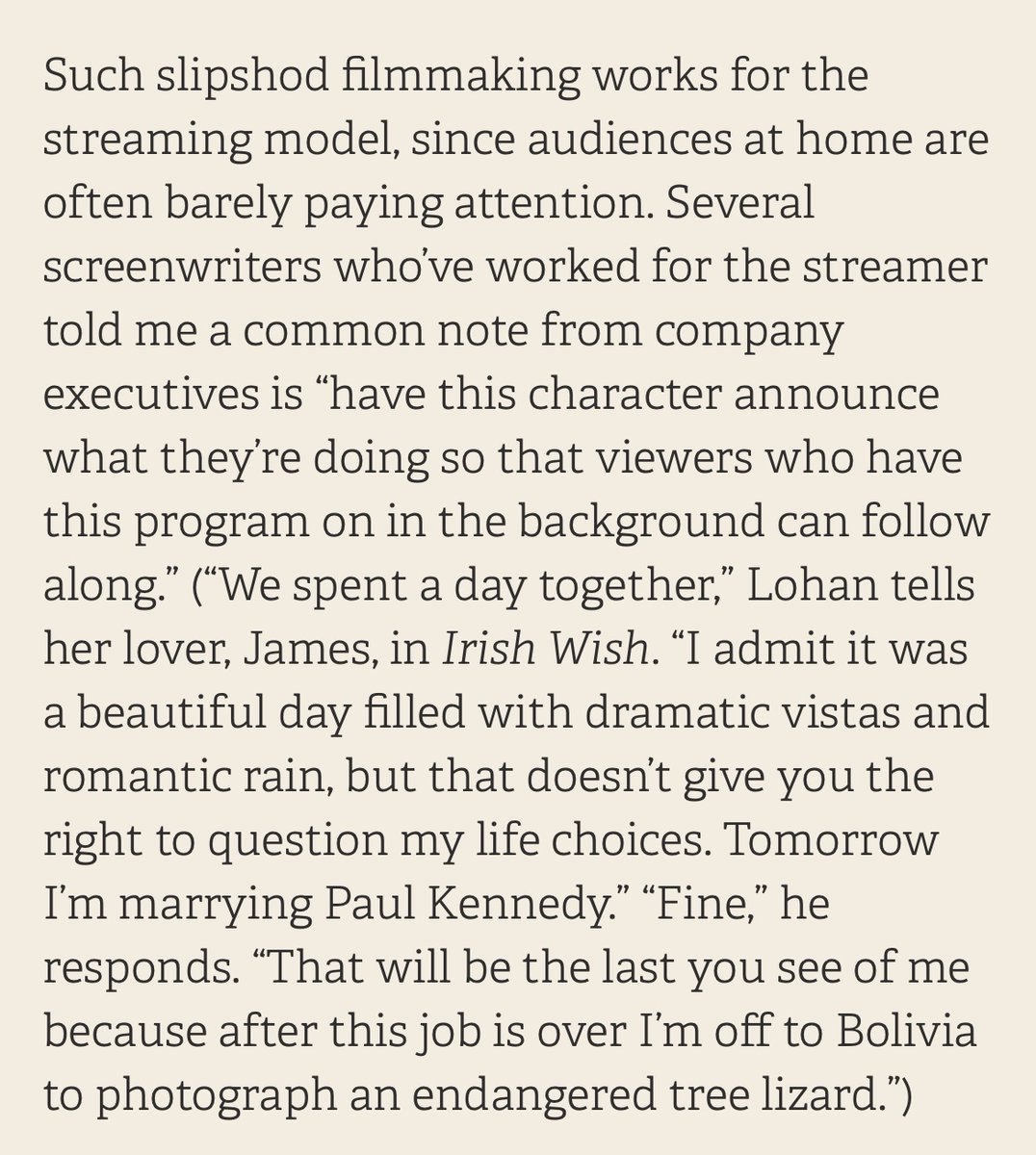 Dayna Tortorici (@dtortorici) on Twitter photo My favorite moment in <a href="/wtavlin/">will Tavlin</a>’s essay about Netflix is this bit about the executive note to “tell, not show” so people folding laundry at home can follow a Netflix movie without actually watching it
nplusonemag.com/issue-49/essay… My favorite moment in <a href="/wtavlin/">will Tavlin</a>’s essay about Netflix is this bit about the executive note to “tell, not show” so people folding laundry at home can follow a Netflix movie without actually watching it
nplusonemag.com/issue-49/essay…