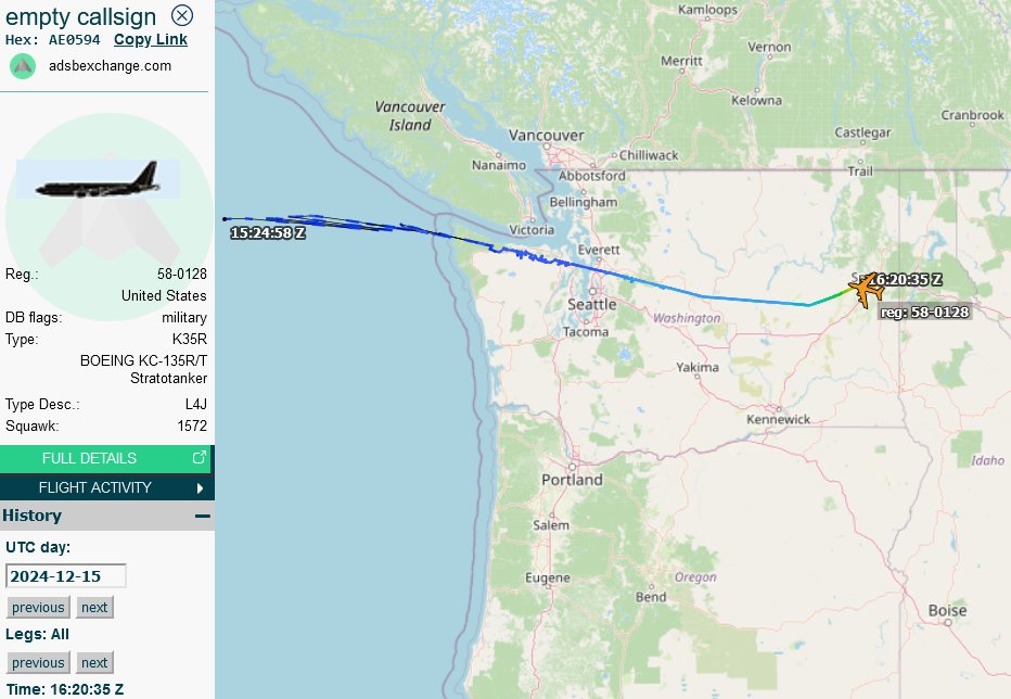 SirListenalot's tweet photo. ~1630z #KC135 (#AE0152) #KECK41 airborne from Fairchild, not showing via Mode-S, probably for AR with #B52 #ABBA11. Yesterday KC135 #AE0594 #KECK02 provided Abba fuel, later #FRESH21-22 out of Yokota. I lost track 🙂 https://t.co/VbBuEwfHkO