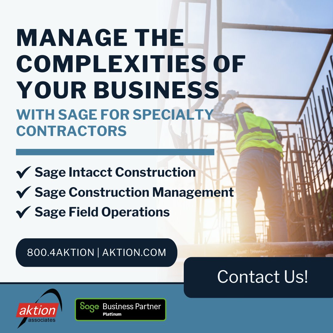 Are you struggling to manage tight deadlines and complex projects, and under constant pressure to optimize your operations?  Sage’s software suite for Specialty Contractors is the perfect solution for you!

The software suite includes:
✅ Sage Intacct Construction: A cloud-based